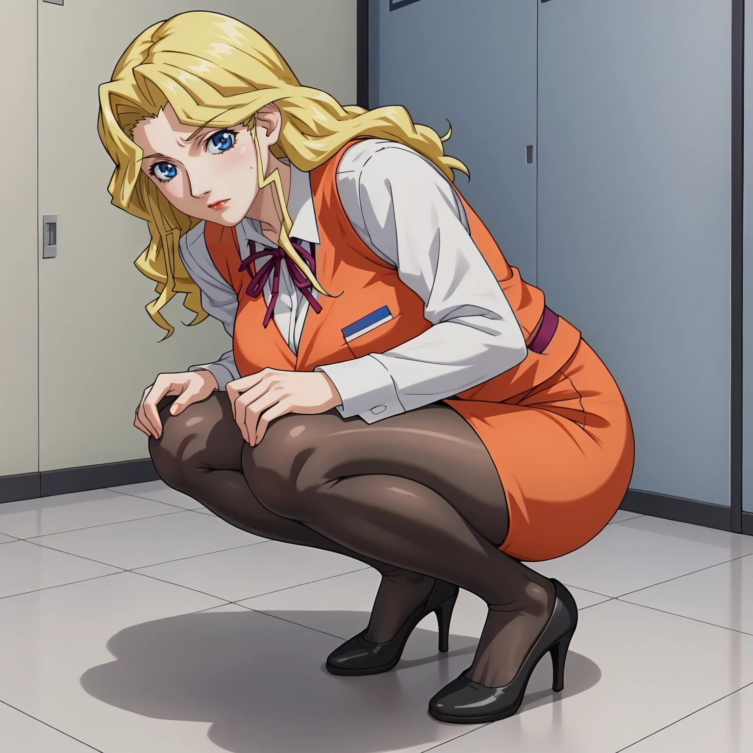 <lora:AliceNonoyamaXLpony001>,
solo,
AliceNonoyama,1girl,blonde hair,long hair,blue eyes,large breasts,
white shirt,long_sleeves,orange vest,
orange pencil_skirt,
black pantyhose,
BREAK
squatting,closed legs,legs_together,