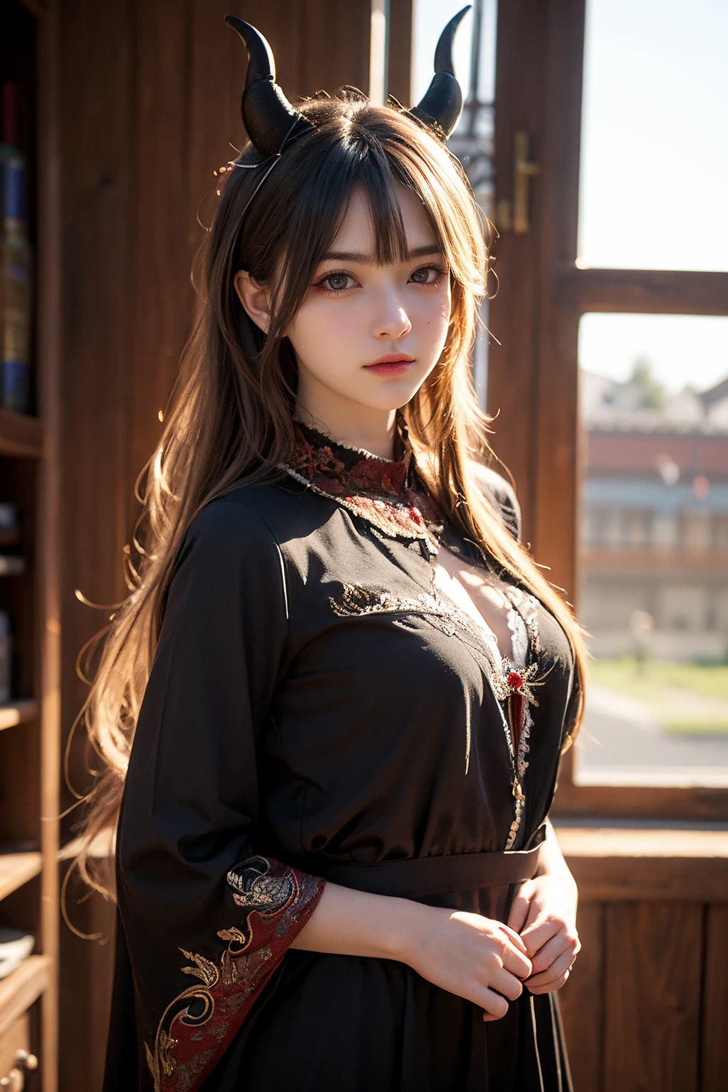 super high resolution,best quality,Photos,4k,(Realistic:1.2),1girl,long hair,<lora:RosaryCornelica:0.6>,rosarycornelica,demon horns,cowboy_shot,