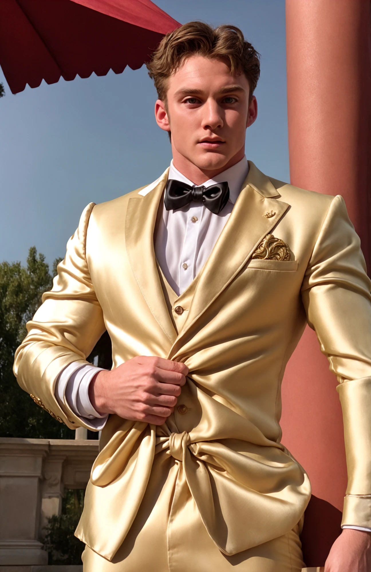 (face focus). (close up shot:0.01), <lora:BulkedUpAIR1.5:0.01>, (masculine:1.4), at outdoor sunny wedding, (muscular man wearing designer ornate silk formal suit:1.2), sexy pose:1.0, confident, handsome, (((masterpiece))), (((best quality))), <lora:more_details:0.25>, (hands on waist), male, athletic, looking at viewer, big pecs:1.2, <lora:BradRenfroActor (1):1.1>, BradRenfroActor