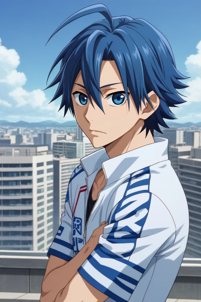 score_9, score_8_up, score_7_up, source_anime, rating_safe, , anime screencap, anime coloring, , looking at viewer, , 1boy, solo, male focus, <lora:sangaku_manami_pony:0.76>, sangaku_manami, blue hair, blue eyes, hair between eyes, ahoge, from side, rooftop, tokyo \(city\), building, skyscraper, day, clouds, arms under breasts, sad, fairy tale costume, <lora:sdxl_lightning_8step_lora:1>