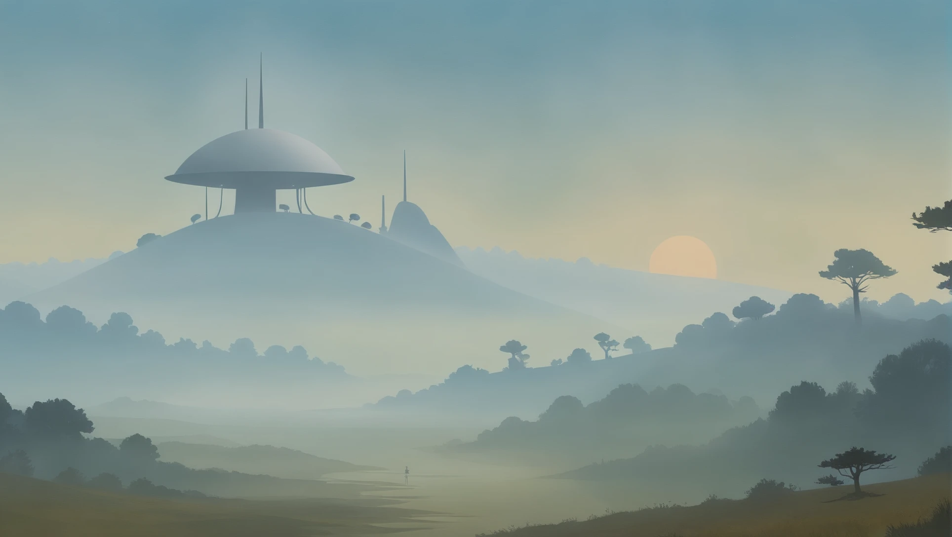 mid-century scifi, noon, blue sky, clouds, scenery, Mysterious foggy moor by a menagerie<lora:EnvyStarlightMidCenturyScifi02:1>