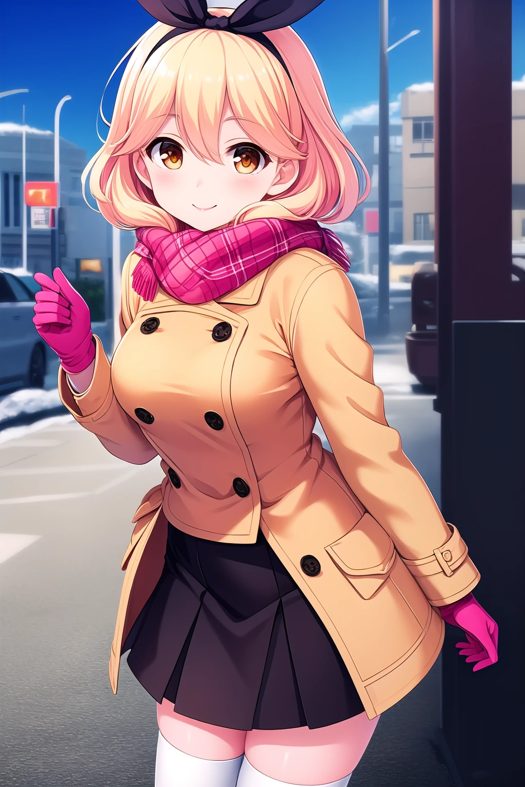 (masterpiece, best quality), highly detailed background, perfect lightingbest quality, ukihashiasuka, solo, outdoors, city, winter, blonde hair, hair ribbon, black ribbon, black hairband, hair between eyes, medium hair, orange eyes, medium breasts, pink scarf, plaid scarf, brown coat, long sleeves, pink gloves, black skirt, pleated skirt, white thighhighs, winter clothes, smile, closed mouth, :), pink lips, <lora:Ukihashi-Asuka:0.7>