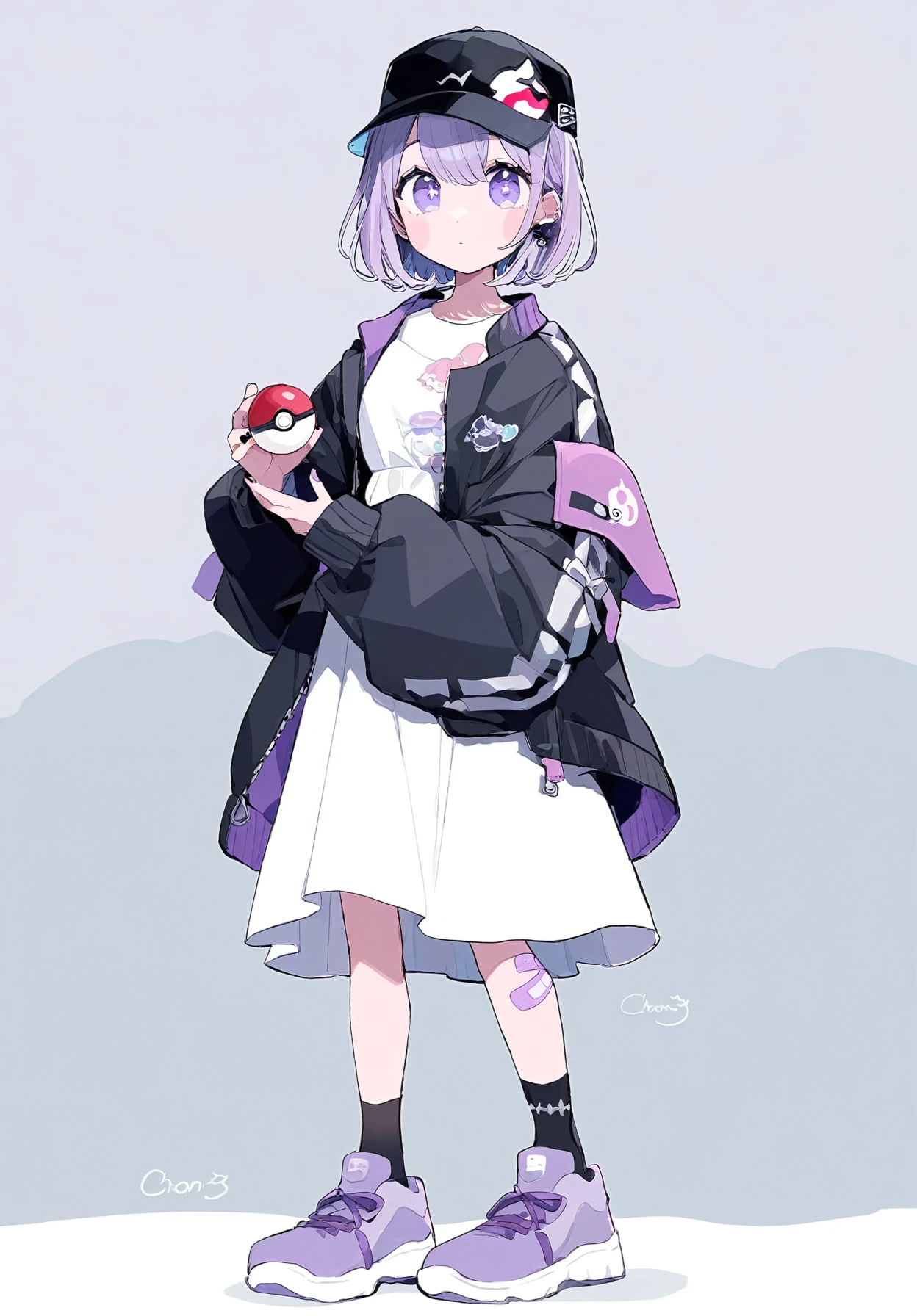 1girl,
chon \(chon33v\),
dress, bandaid on leg, short hair, sneakers, open jacket, black socks, purple hair, character print, open clothes, purple footwear, hat, white dress, pink hat, solo, socks, jacket, bandaid on knee, standing, holding, closed mouth, poke ball, long sleeves, black jacket, bandaid, full body, holding poke ball, blush stickers, baseball cap, looking at viewer, black hat, shoes, poke ball \(basic\), signature,
masterpiece, best quality, newest
<lora:chon_(chon33v)_image138_2024-03-28_a31:1>