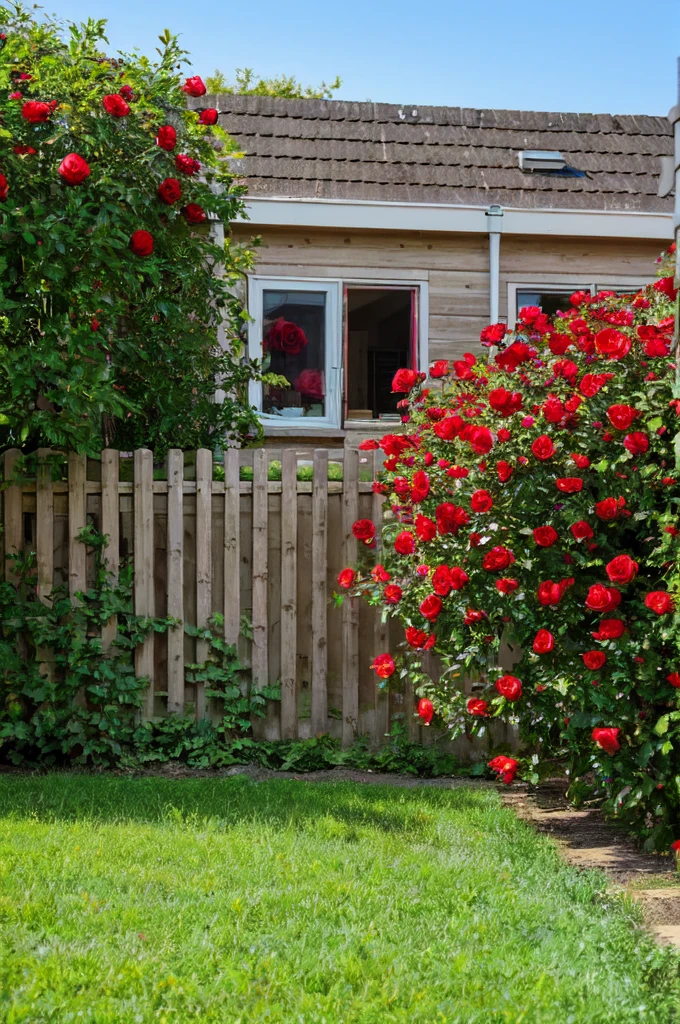 <lora:Grienden_Style_Revisited:0.7>, griendenstyle, a house by itself, fence, rose bush, sunny day, evening, masterpiece, dslr photo