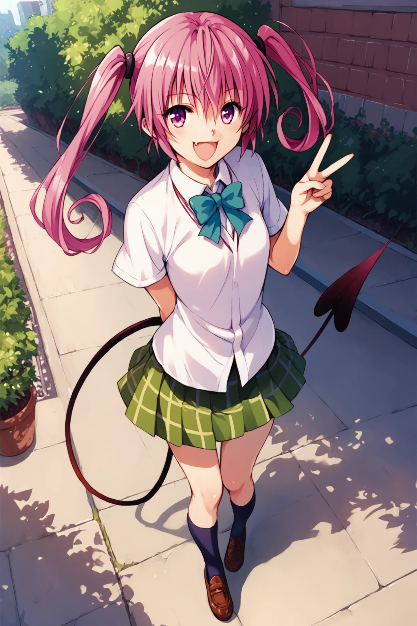 1girl,nana asta deviluke,pink hair,tail,solo,twintails,school uniform,smile,skirt,open mouth,fang,demon tail,socks,shoes,v,pink eyes,shirt,:d,long hair,purple eyes,standing,plaid skirt,outdoors,score_9,score_8_up,<lora:Yabuki Kentarou_XL_PONY_V2:0.8>,