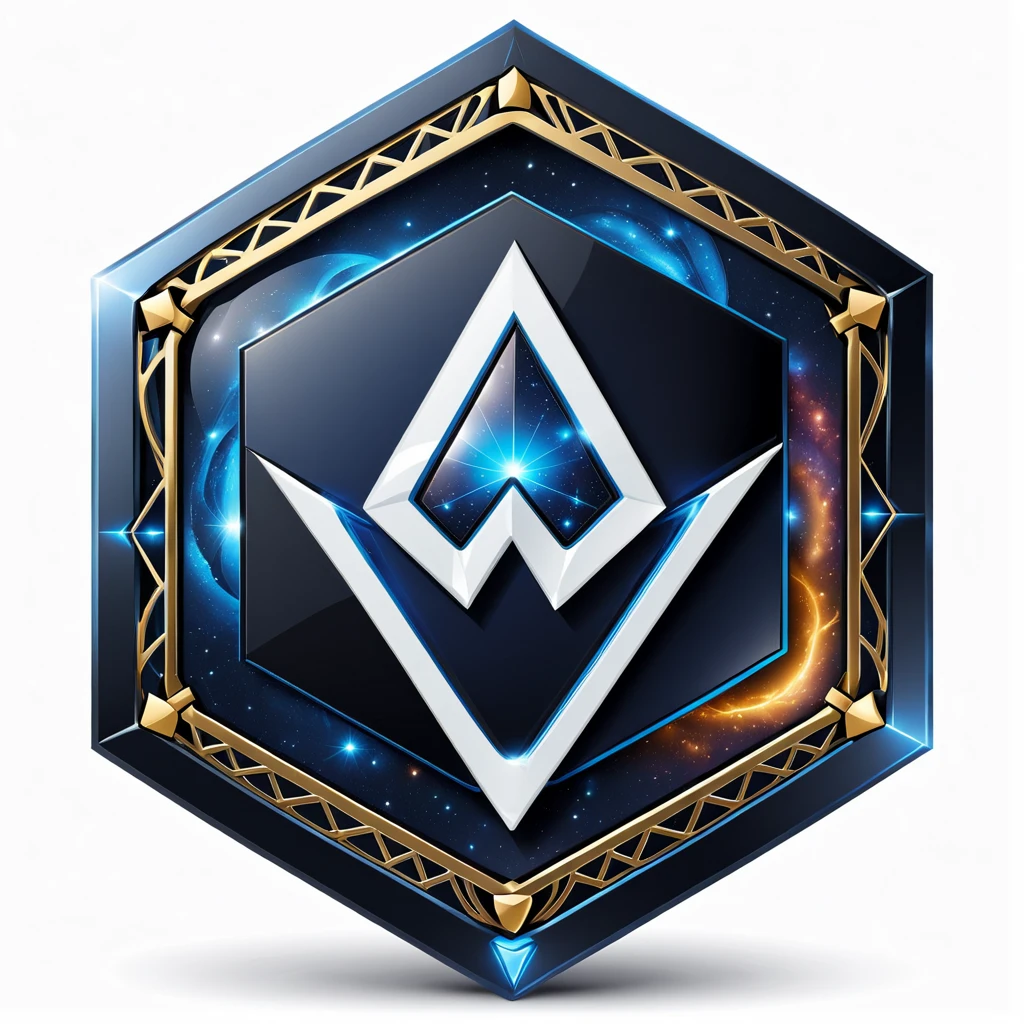 a hexagon with a stylized w logo , vector, <lora:badgemkrsdxl:0.9>, best quality, black and blue, badgemkrsdxl, white background,fantasy, galaxy,