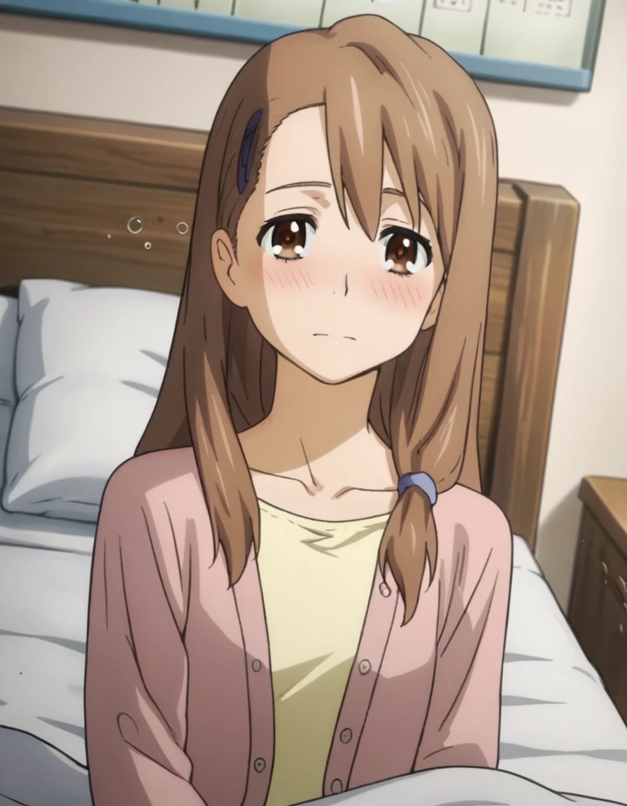 score_9, score_8_up, score_7_up, source_anime,
toukoyadomi, <lora:touko-yadomi-s1-ponyxl-lora-nochekaiser:1>,
touko yadomi, long hair, brown hair, brown eyes, hair over shoulder, hair clip,
shirt, yellow shirt, collarbone, long sleeve, cardigan, pink cardigan,
indoors, bed, bed room, on side, blush, drunk,
looking at viewer, solo, cowboy shot, dutch angle,