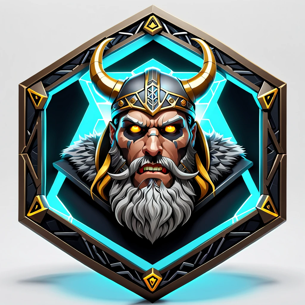 a hexagon with an undead viking , vector,  <lora:badgemkrsdxl:0.9>, best quality, badgemkrsdxl, white background, 2.5d, glowing eyes, fantasy,