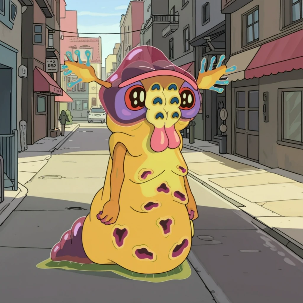 cartoon, western animation, ultimate masterpiece, yellowish BlimBlam alien, walking on street, (full shot, full body:1.2)
<lora:BlimBlam_AnimagineXL_V30_v2-000007:.9>