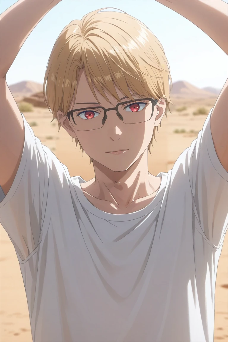 score_9, score_8_up, score_7_up, source_anime, rating_safe, intricate details, (photorealistic:0.6), looking at viewer, depth of field, 1boy, solo, male focus, <lora:eita_sasaki_pony:0.8>, eita_sasaki, blonde hair, red eyes, short hair, bangs, glasses, focused, sahara desert, midnight, arms up, smile, khakis,, <lora:sdxl_lightning_8step_lora:1>