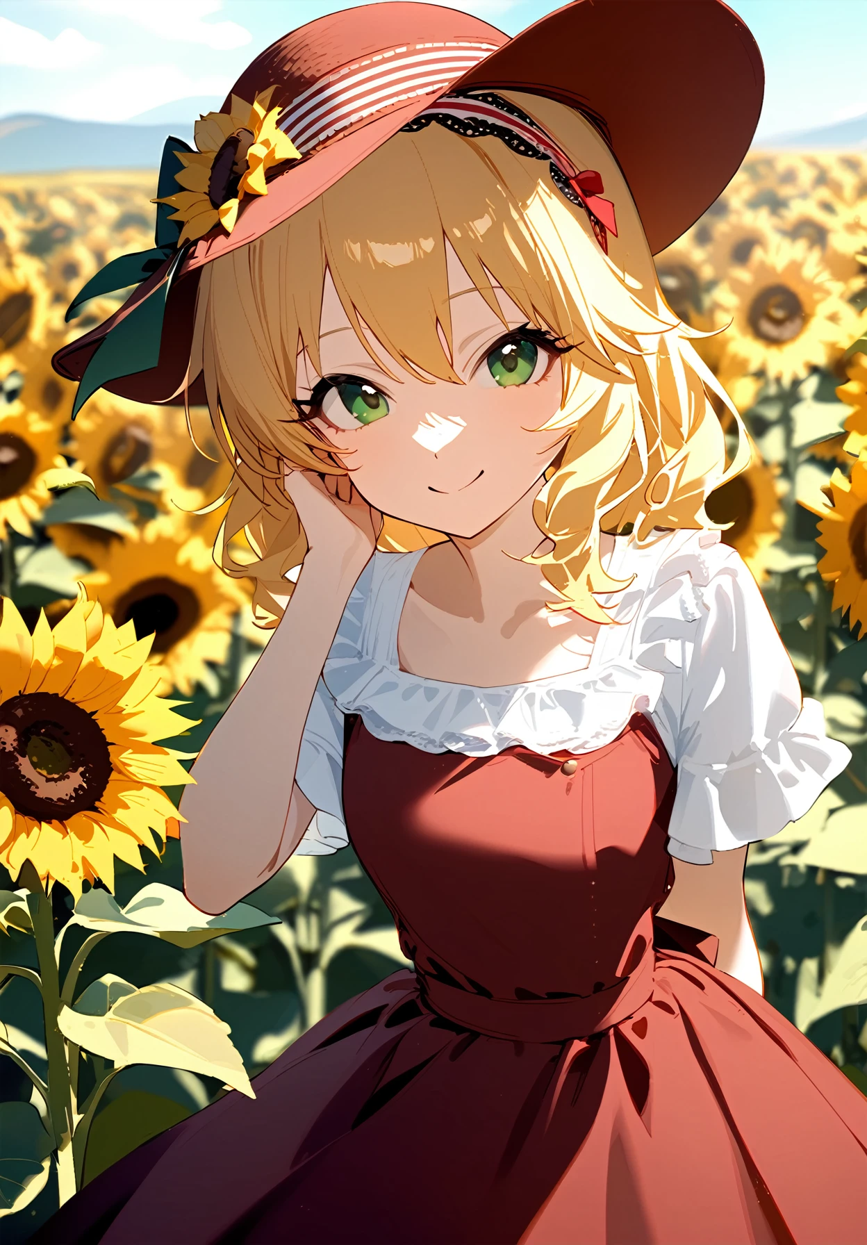 1girl,
sakurai momoka, idolmaster,
outdoors, sunflower, shirt, short hair, white shirt, hand on own face, wavy hair, flower, solo, hat flower, short sleeves, hand on own cheek, blonde hair, flower field, field, day, dress, green eyes, red dress, smile, arm behind back, hat, frills, hairband, standing, looking at viewer, sun hat, blouse, collarbone, cowboy shot, frilled dress, red hairband, sunflower field, long hair,
masterpiece, newest, absurdres, safe
<lora:2080ti_ag31_sakurai_momoka-000018:1> <lora:a31_style_koni:1>