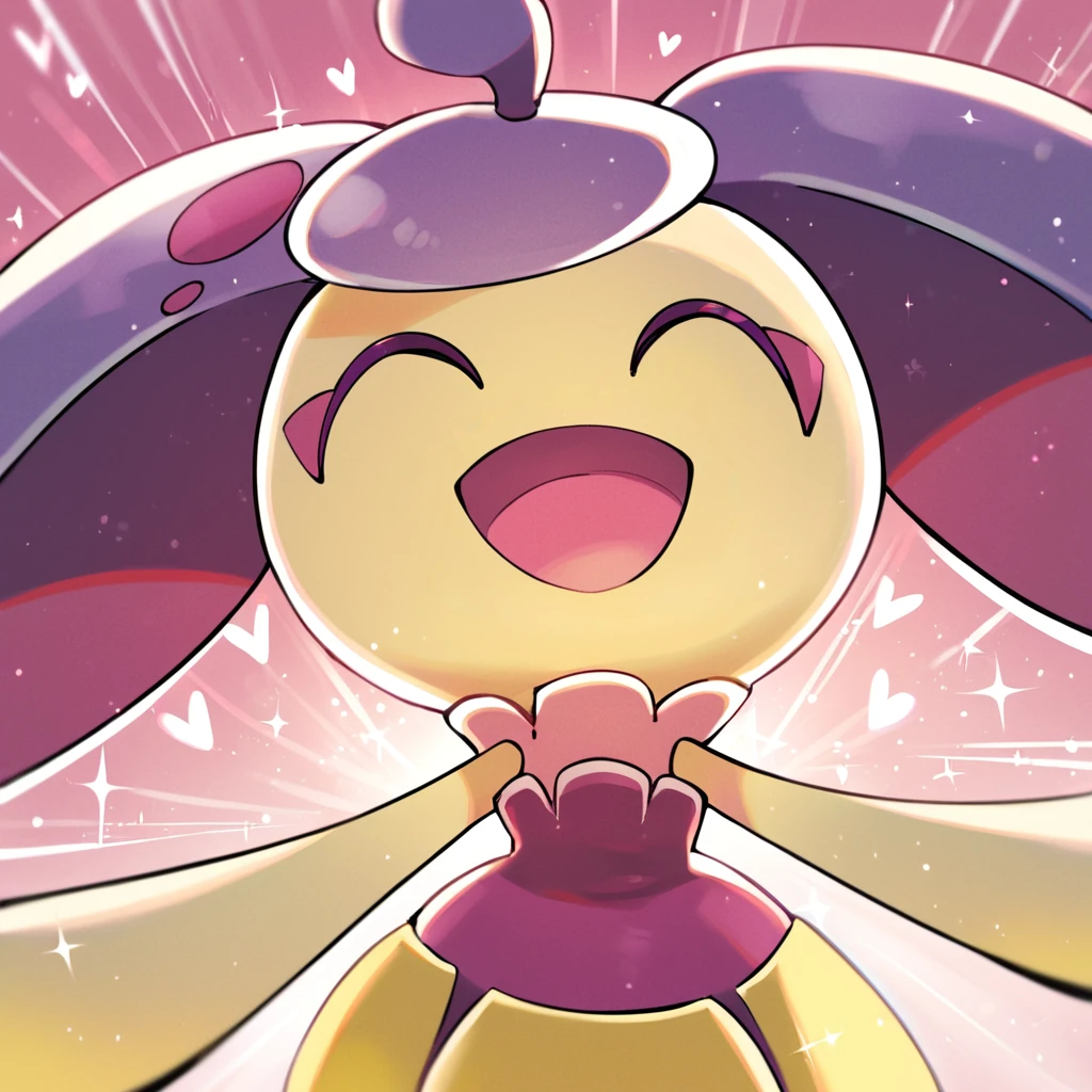 score_9_up, score_8_up, score_7_up, score_6_up, best quality, source_anime, detailed background, motion lines, pink background, pink clouds, pink fog, sparkles, BREAK 1girl, solo, steenee, pokemon, flora fauna, shiny pokemon, small head, purple hair, long hair, yellow head, purple dress, purple eyes, yellow skirt, yellow arms, wide hips, smile, eyes closed, open mouth, portrait, waist up, close up, outstretched arms, <lora:PDXL_Steenee_PKMN:1>