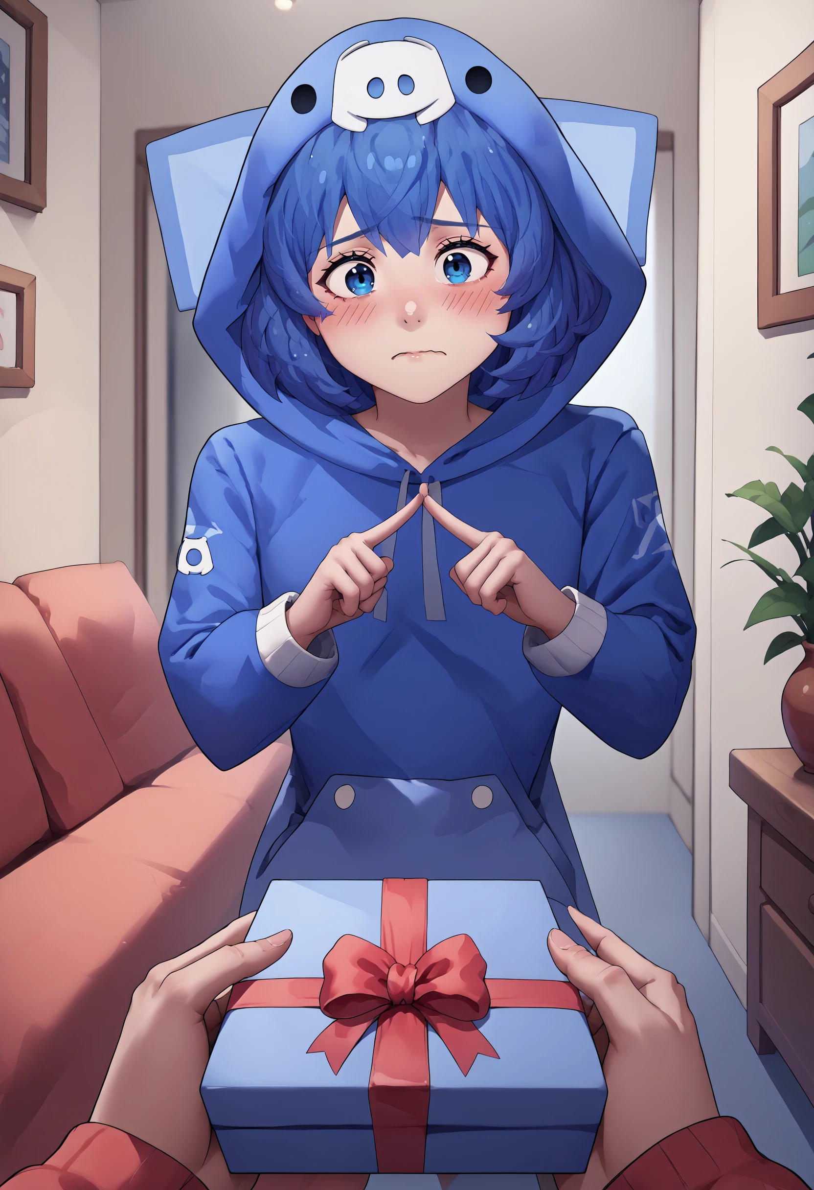 score_9, score_8_up, score_7_up, source_anime, <lora:POVGifting_XLPD:1>, PovGifting, pov hands, holding gift, gift box, indoors, blush, shy, <lora:pose_indexfingerstogether_ponyXL:1>, index fingers together <lora:DCchanXLPD:1> Dcchan, blue hair, short hair, blue hoodie, animal hood