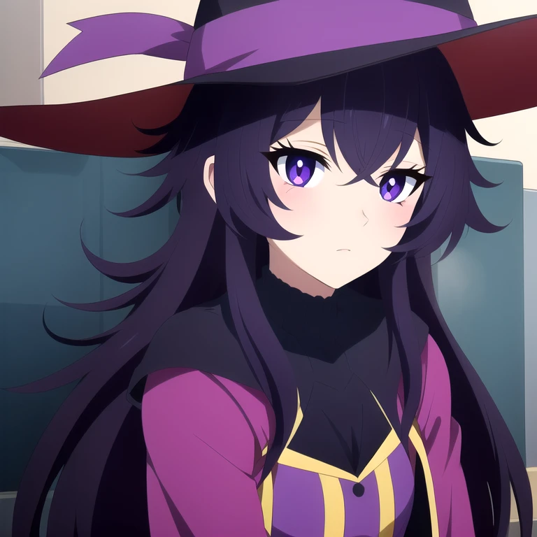 (score_9,score_8_up,score_7_up,score_6_up,source_anime,best best quality,perfect face,bright pupils,(finely detailed beautiful eyes),),
BREAK
<lora:1743842528823284286:0.7>,berano,Purple hair,witch hat,purple eyes,purple eyes,