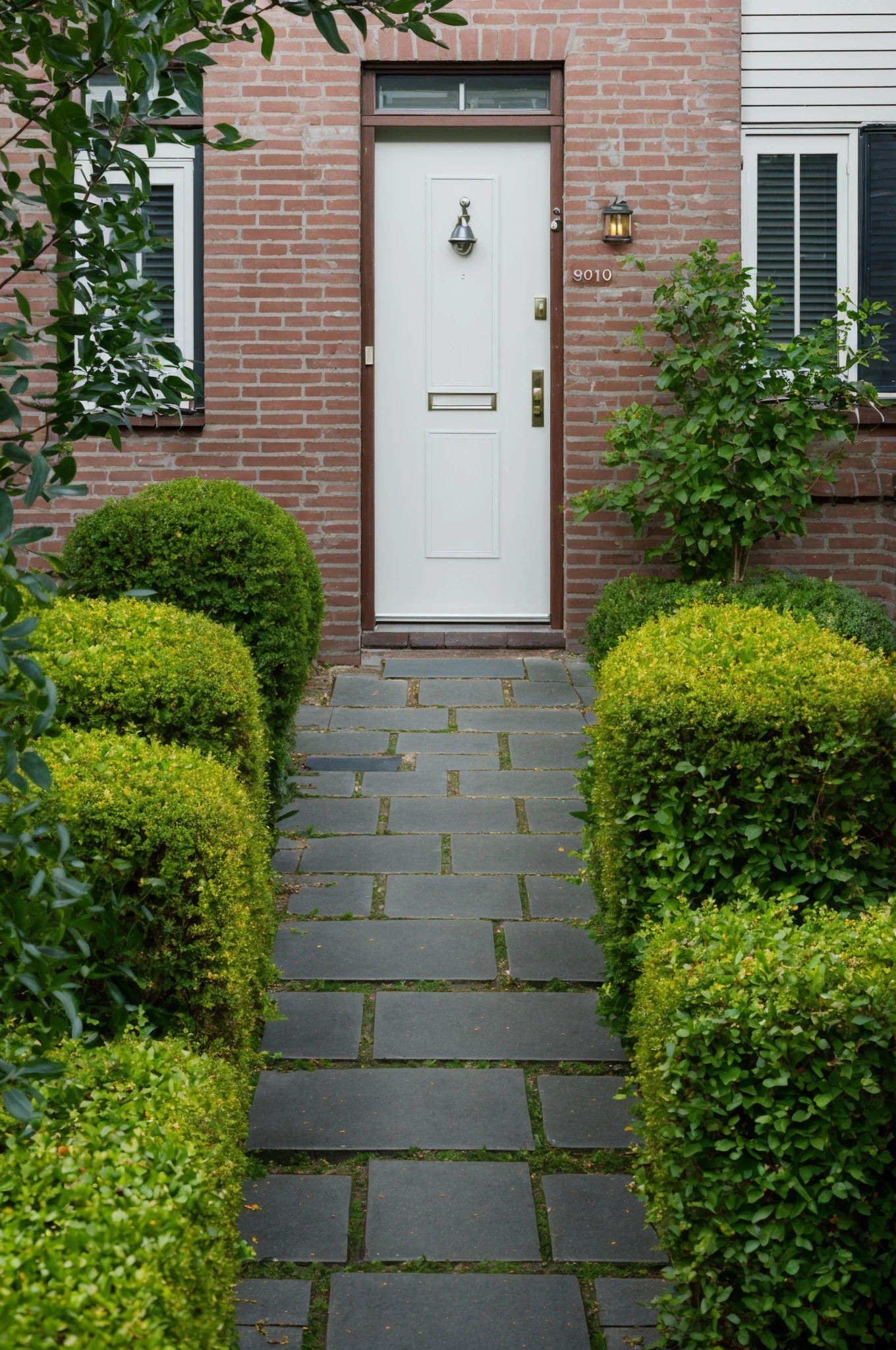 <lora:Grienden_Style_Revisited:0.7>, griendenstyle, front door, red brick house,  footpath, shrubbery, evening,  masterpiece, dslr photo