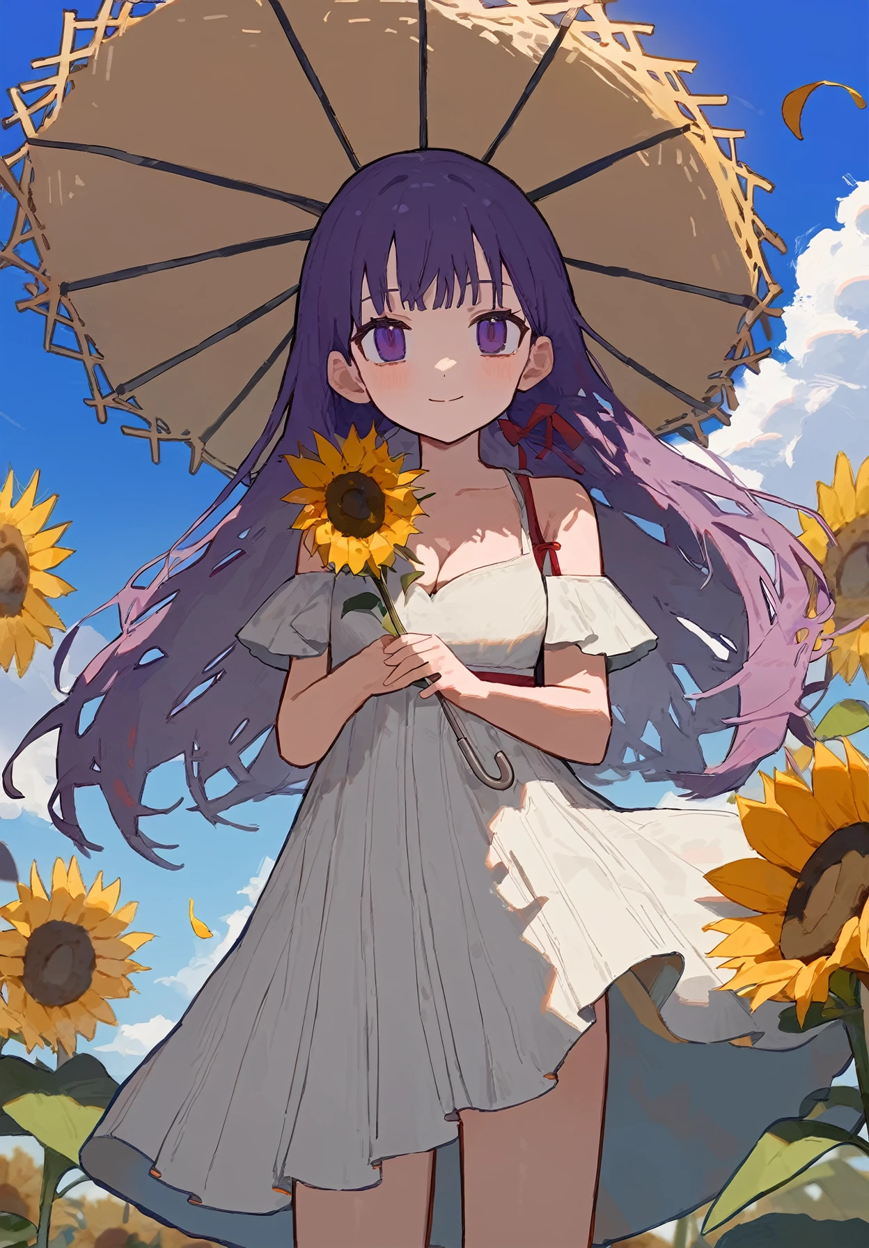 1girl,
original,
cha goma,
sky, red ribbon, blue sky, sunflower, solo, purple hair, holding, long hair, hat ribbon, looking at viewer, cloudy sky, hat, breasts, petals, ribbon, sundress, holding flower, straw hat, day, white dress, holding umbrella, very long hair, bare shoulders, purple eyes, smile, standing, flower, cleavage, closed mouth, cloud, sunlight, dress, outdoors, umbrella,
masterpiece, best quality, newest
<lora:cha_goma_image146_2024-03-28_a31:1>