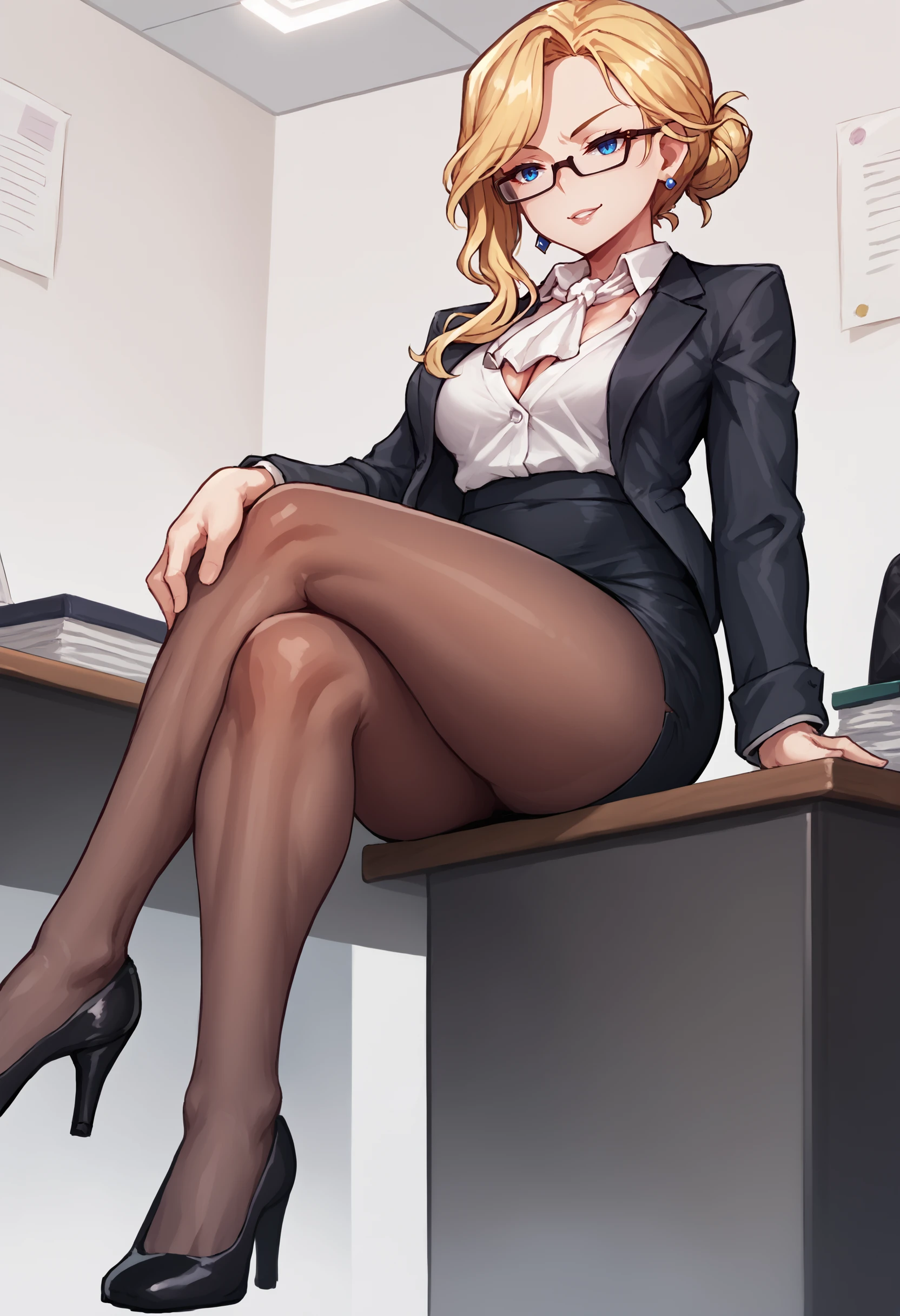 score_9,score_8_up,score_7_up, score_6_up BREAK 1girl, solo, <lora:hoodAL-ponyxl-bshi-v1:1> hoddef, hair over shoulder, long hair, single hair bun, office lady, pencil skirt, brown pantyhose, suit jacket, open jacket, formal, cleavage, crossed legs, sitting, sitting on desk, looking over eyewear, from below, side slit, neckerchief, white ascot, semi-rimless eyewear, under-rim eyewear, earrings, white blouse, white collared shirt, popped collar, sleeves rolled up, thighs, office interior, smile, smirk, parted lips, raised eyebrows, blonde hair, blue eyes, black footwear, high heels,