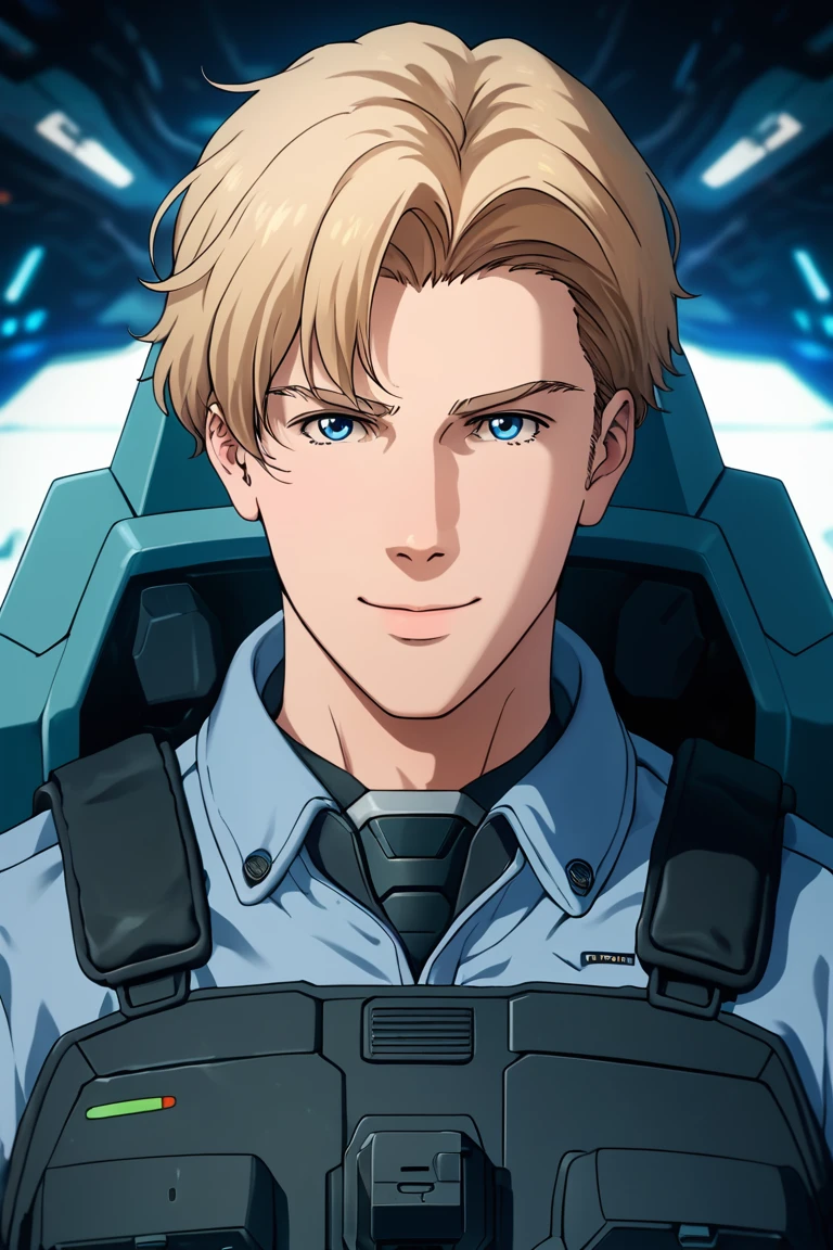 score_9,score_8_up,score_7_up, solo male, Lewis Smith, (blond hair), short hair, blue eyes, (grey pilot jumpsuit, grey sleeves), (black tactical vest), mecha cockpit, (close-up, headshot:1.5), from front, mature, handsome, charming, alluring, masculine, intense eyes, v-shaped eyebrows, smile, look at viewer, sitting, huge industrial mecha, mecha cockpit, operator's seat, throttle, joystick, seatbelt, multiple monitor screen, perfect anatomy, perfect proportions, best quality, masterpiece, high_resolution, (symmetrical picture, front view:1.5), photo background, science fiction, mecha, multiple monitors, cinematic, war, mecha, robot, cinematic still, emotional, harmonious, vignette, bokeh, cinemascope, moody, epic, gorgeous, city ruins, inside the mecha<lora:EMS-368093-EMS:0.800000>