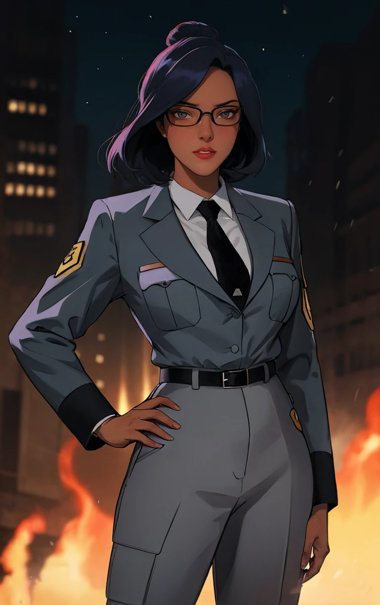 ((masterpiece, best quality)), insaneres, absurdres, solo, outdoors,
Uniform_Gargoyles_Elisa_ownwaifu, 
1girl, black hair, dark skin, dark-skinned female, lipstick, short hair, brown eyes, single hair bun, long hair, red lips, 
glasses, grey jacket, white shirt, collared shirt, formal, suit, black necktie, grey pants, long sleeves, uniform, belt, 
(contrapposto, hand on hip)<lora:CARTOON_Gargoyles_Elisa_ownwaifu:1>,
lens flare, depth of field, bokeh, embers, vanishing point, looking at viewer,