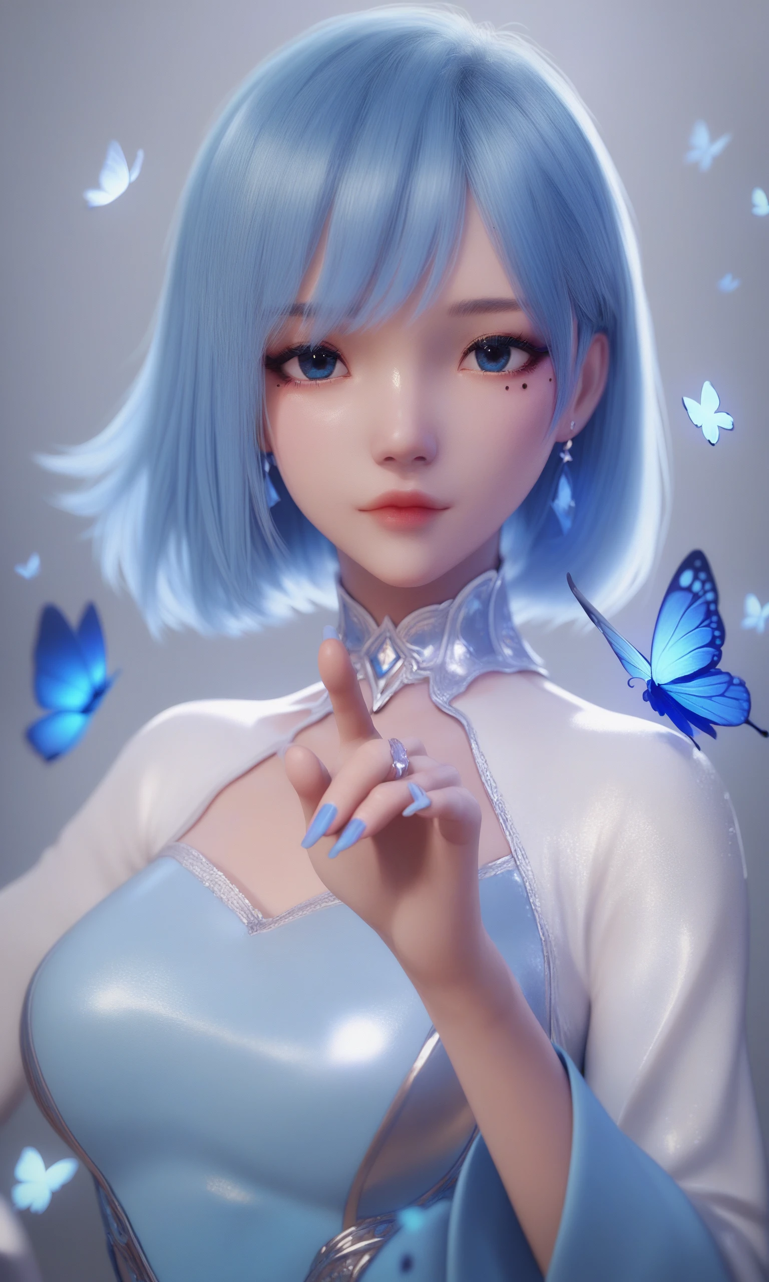 score_9,score_8_up,score_7_up,score_6_up,score_5_up,score_4_up,
shiny_skin,
blue butterfly,bug,butterfly,jewelry,solo,1girl,earrings,blue eyes,looking at viewer,blue nails,blue hair,nail polish,short hair,blue theme,portrait,long sleeves,upper body,butterfly on hand,ring,hand up,fingernails,mole,closed mouth,mole under eye,
