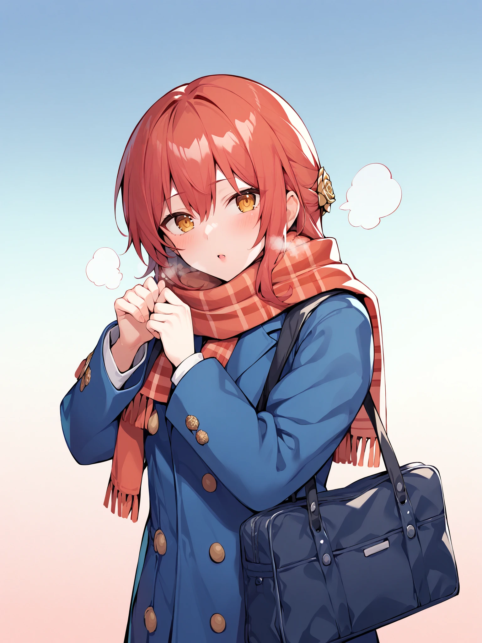 <lora:XL_himeko(pony):1>,Himeko is a girl with long red hair and yellow eyes,1girl,solo,scarf,bag,looking at viewer,coat,plaid,red scarf,plaid scarf,blush,school bag,long sleeves,upper body,eyebrows visible through hair,breath,open mouth,:o,gradient background,hands up,sleeves past wrists,gradient,shoulder bag,blue coat,duffel coat,parted lips,jacket,dated,winter clothes,, score_9,score_8_up,score_7_up,best quality, masterpiece, source_anime,
