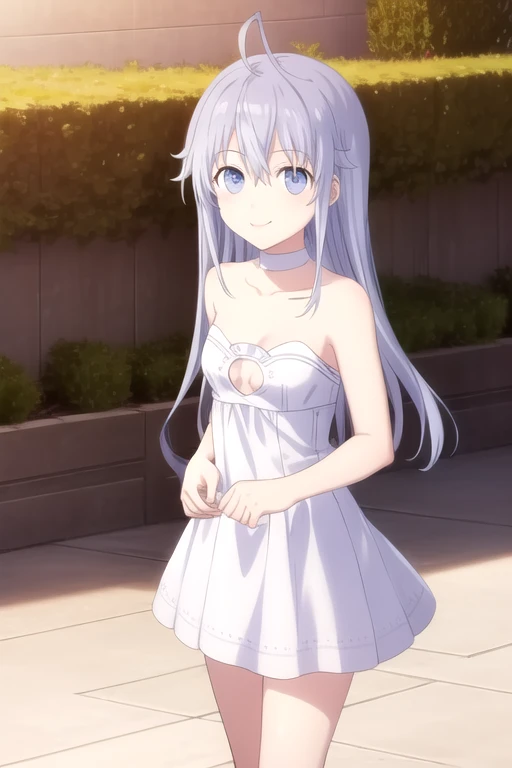 ((masterpiece)),(best quality),official art,extremely delicate and beautiful,extremely detailed CG,unity 8k wallpaper,ultra detailed,beautiful detailed eyes,extremely detailed face,outdoors,1girl,solo,cowboy shot,looking at viewer,facing viewer,smile,Hibiki Higoromo,ahoge,very long hair,grey hair,sidelocks,hair between eyes,bangs,blue eyes,bare shoulders,collarbone,white choker,white dress,strapless dress,white ribbon,clothing cutout,cleavage,small breasts,white footwear,<lora:Hibiki Higoromo(dal)>,<lora:TSNeptunia-000045:0.5>,