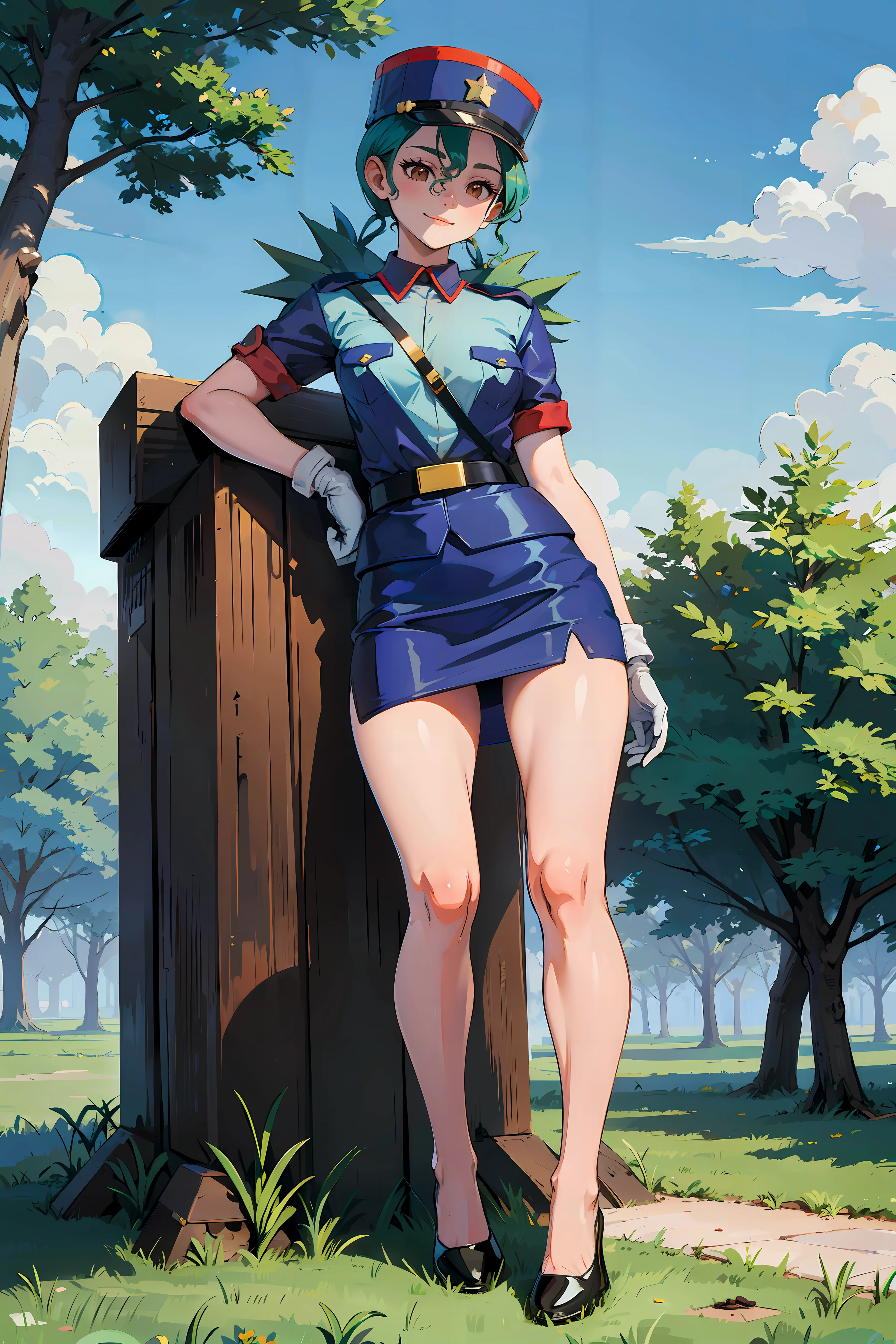 masterpiece, best quality, 1girl, solo, detailed background, absurdres, looking at viewer, <lora:EPpkJenny-06:1>, EPpkJenny, green hair, brown eyes, long hair, twintails, shoes, blue shirt, short sleeves, police hat, breast pocket, blue skirt, gloves, standing, pencil skirt, side slit, hair ornament, collared shirt, policewoman, buttons, closed mouth, smile, badge, hat, uniform, miniskirt, shirt, eyelashes, skirt, pocket, star (symbol), belt, police uniform, police, white gloves, blue headwear, park, outdoors, tree, blue sky, cobblestone, upper body,