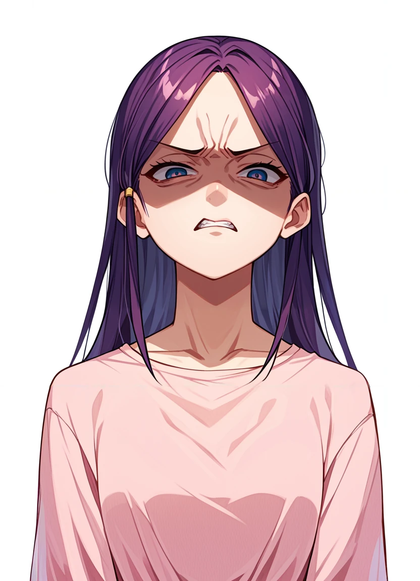 score_9,score_8_up,score_7_up,score_6_up, source_anime, <lora:disgusted_face_xl_goofy:1>  disgusted face, solo, 1girl, looking at viewer,  disgust, dress, upper body,  white background ,   long hair, hair pulled back,shaded face,