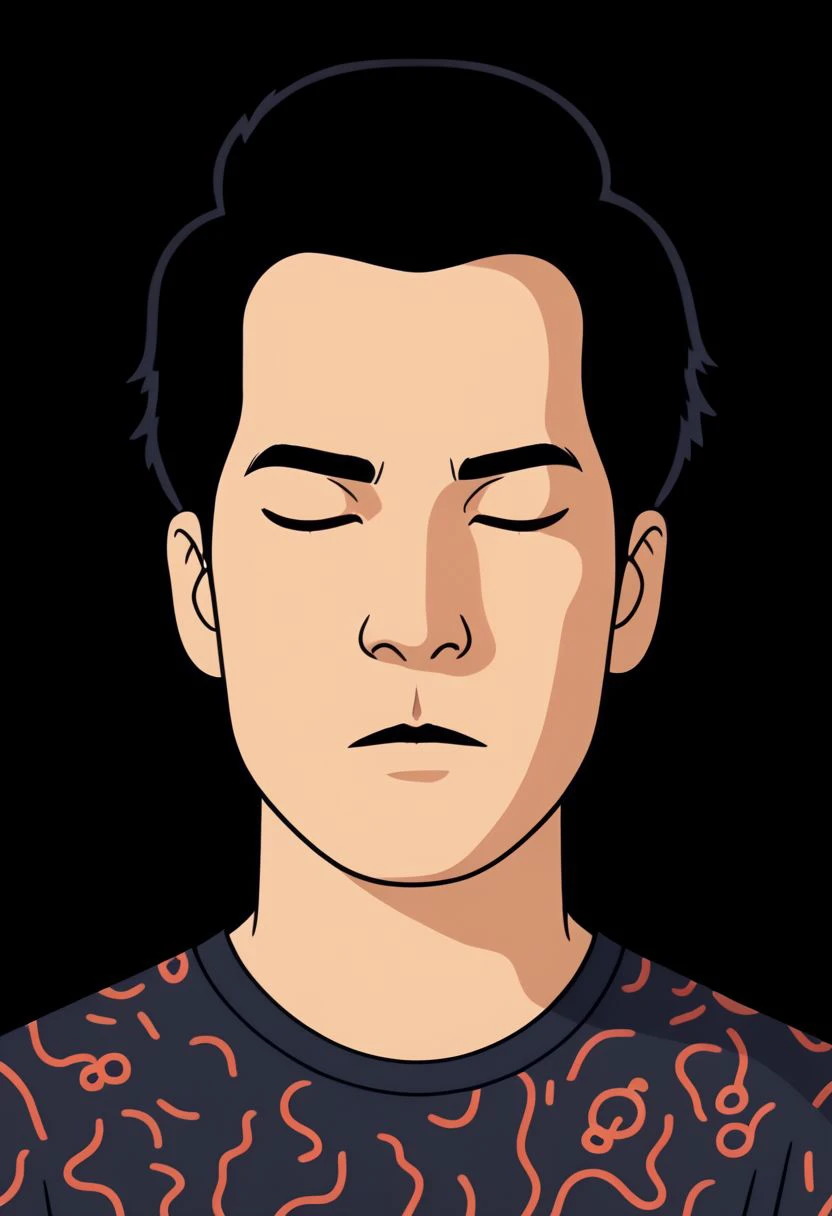 mpzthzz, solo, closed eyes, black background, black hair, portrait, 1boy, male focus, simple background, shadow, shirt, background stripes, memphis pattern, memphis corporate design, flat art, flat coloring, simple, vector art, corporate art, cel shading, cel shaded,, PonyXLV6_Scores