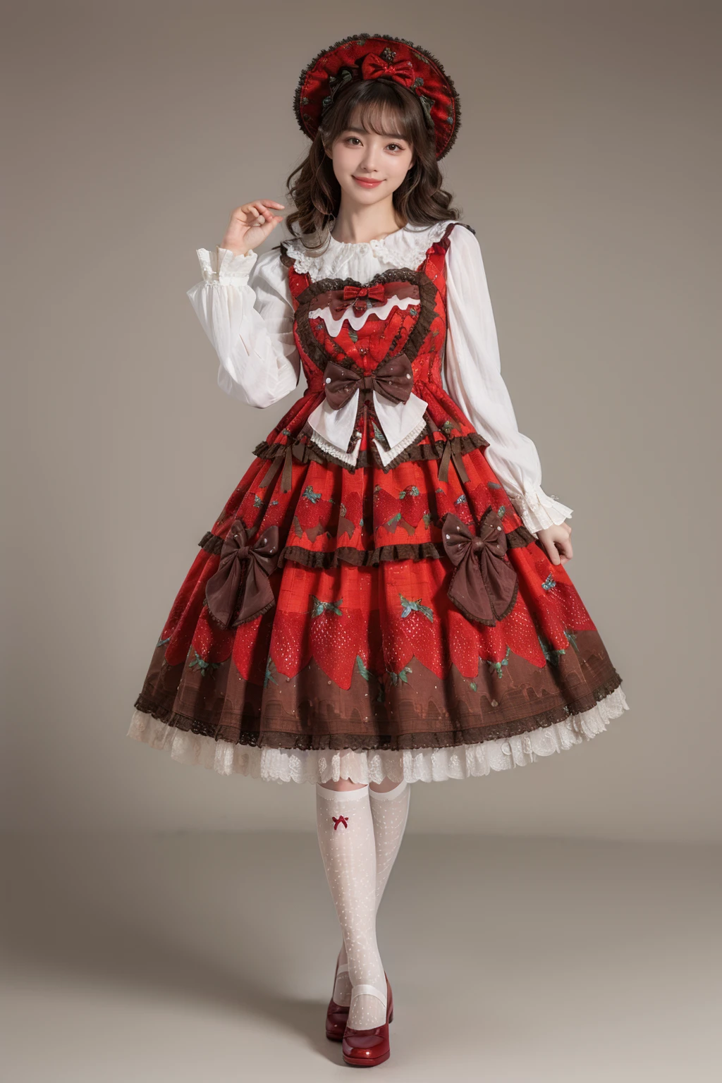 best quality,masterpiece,realistic,photorealistic,1girl,solo,looking at viewer,smile,standing,full body,arm up,cyb dress,layered dress,print dress,frilled dress,strawberry print,dress bow,bow,white shirt,long sleeves,hair bow,hat,kneehighs,red shoes,grey simple background,<lora:lo_dress_vol3_style3_v1:0.6>,