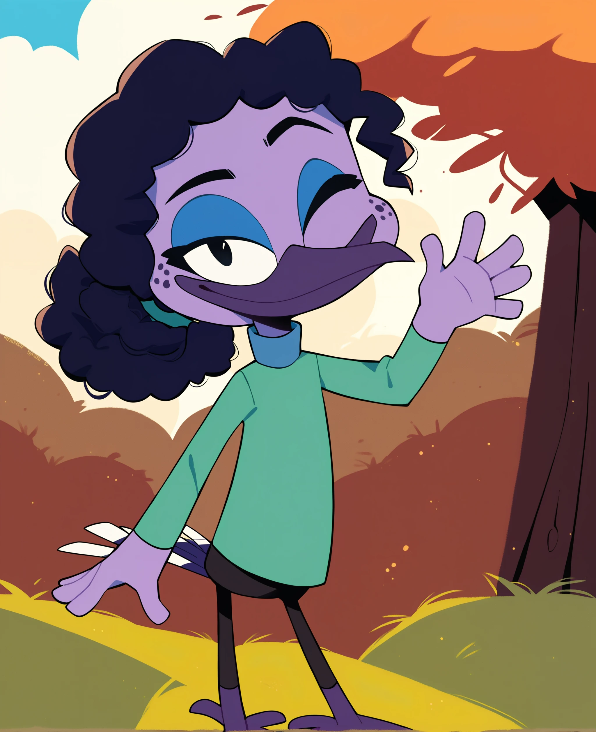 score_9, score_8_up, score_7_up, score_6_up, best quality, highres, source_furry,
1girl, female, solo, furry, outside, blue sky, cloud, grass, tree, female, avian, hummingbird, long beak, violet sabrewing, young, *****, purple skin, black hair, black eyes, curled hair, hair tie, short hair, happy, ponytail, looking at viewer, avian feet, 2 toes, wink, waving, smile, purple legs, freckles, blue eyeshadow, green shirt, long sleeves, turtleneck, black pants  <lora:Violet_Sabrewing:1>