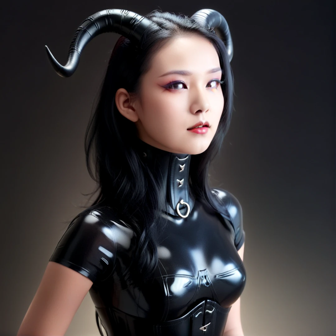 young asian succubus, horns, pale grey skin, <lora:NeckCorset:0.5> (wearing a neckcorset, n3ckcorset:1.2), black latex bra,, Masterpiece;highly detailed; extreme,octane render, zbrush, blender, 3d,post-processing,HDR; lightning; volumetric; cinematic; ray tracing; RTX;radiant light rays,subsurface scattering,soft edge lighting,realistic shadows;vibrant colors,high-res, 8k,16k,32k,Playful shadows dance across her face,, <lora:add-detail-xl:2>