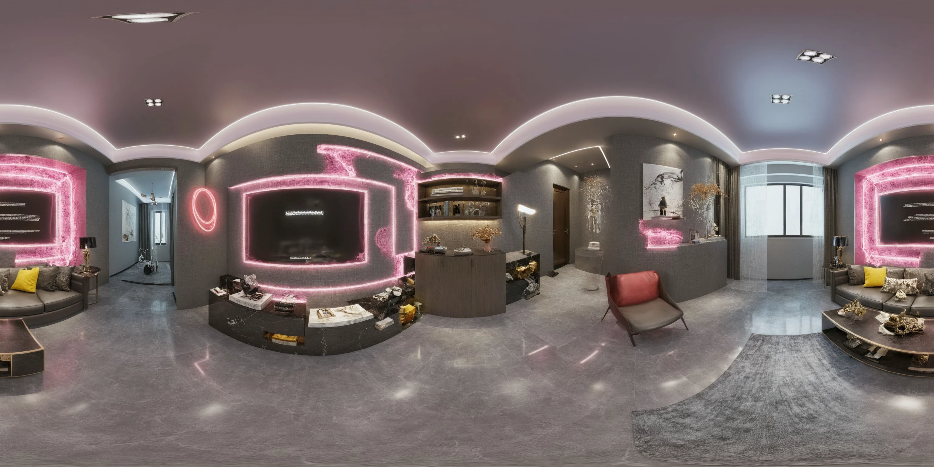 Neon noir <lora:JJsPanoramicLivingroom_XL:1>, ((Panoramic)), ((livingroom)), ((masterpiece)), ((best quality)), realistic, high detailed, (indoors) , no human, window, curtain, table, rug, sofa, television, ceiling light, (modern), . Cyberpunk, dark, rainy streets, neon signs, high contrast, low light, vibrant, highly detailed