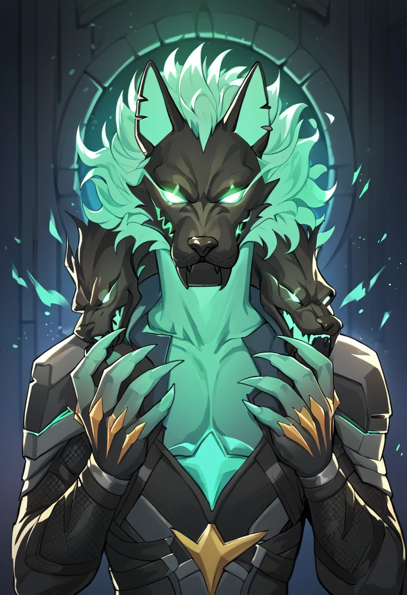 portrait of cerberus (fortnite), rating_safe, <lora:Cerberus_Fortnite_Pony:0.9>,
Green body, Green Eyes,Glowing Eyes,Claws,tail,snake tail,
dark interior, particles, castle scene, cel shading, linear hatching,, score_9, score_8_up, score_7_up, score_6_up, score_5_up, score_4_up