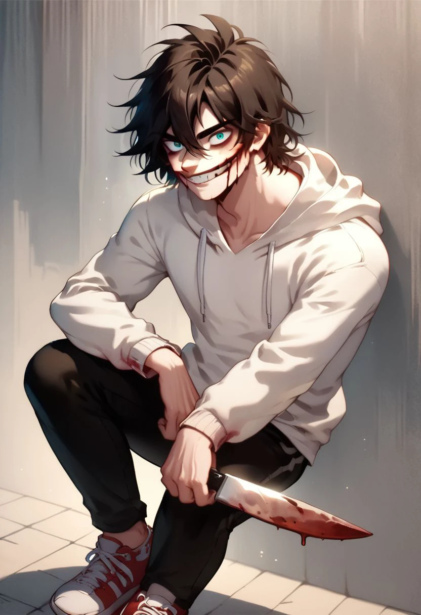 score_9, score_8_up, score_7_up, score_6_up, score_5_up, score_4_up,1boy, white hoodie, long black hair, slit smile, bloody smile,  blue eyes, pale skin, black pants, sneakers , hyper detailed, beautiful anime painting, solo, male focus, half body,dark, dangerous, crazy eyes, holding bloody knife