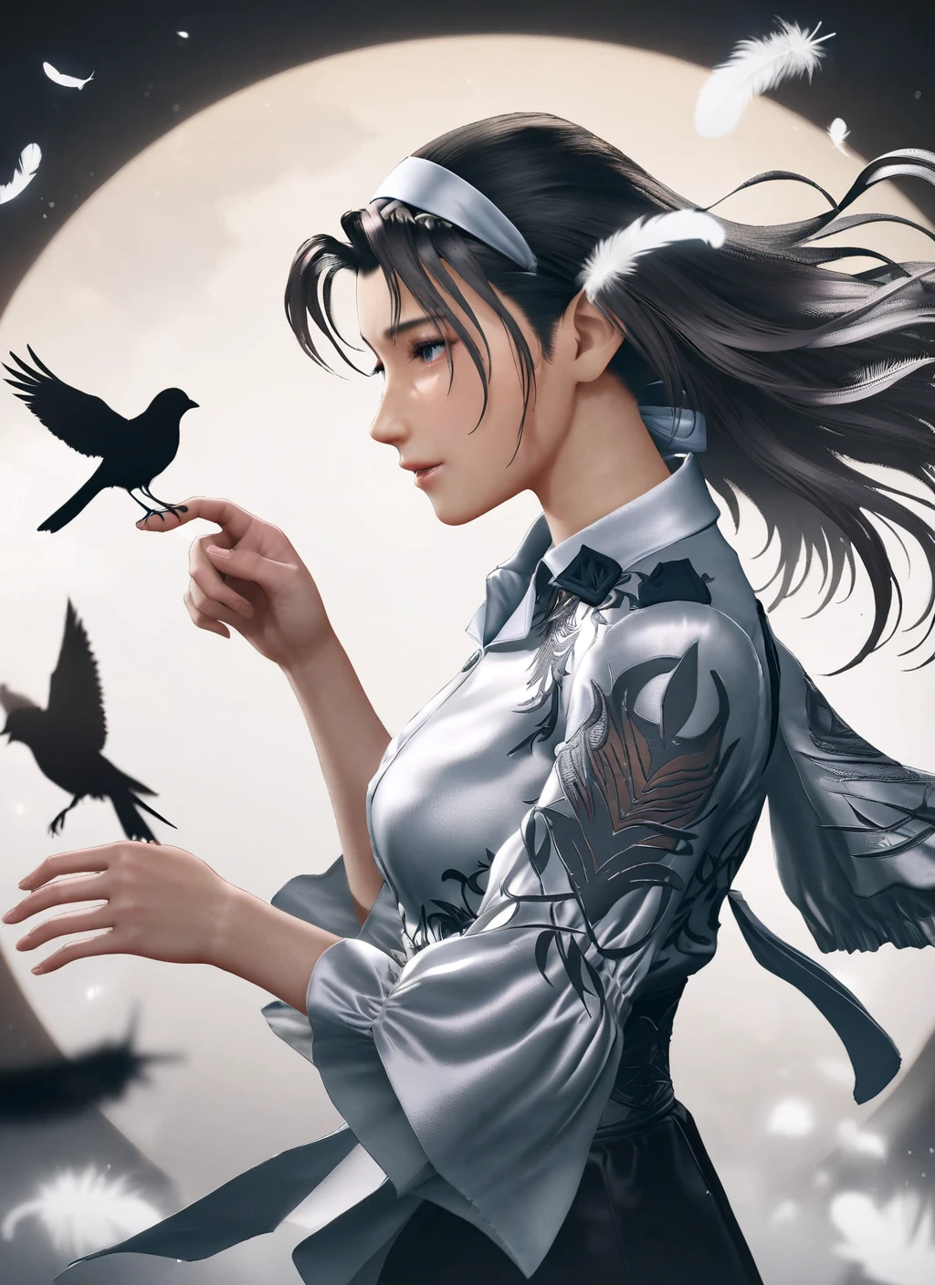 masterpiece, best quality, very aesthetic, absurdres, jun kazama, double exposure, bird on hand, from side, silhouette, floating hair, feathers, sad, long hair,  <lora:tekken_jun_kazama_animagineXLV31:0.8> <lora:silhouette_xl:0.6>, masterpiece, best quality,