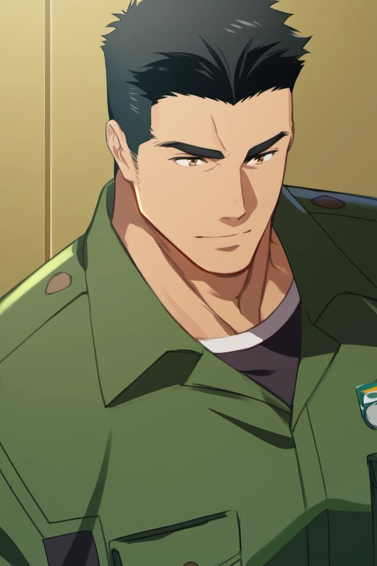 score_9,score_8_up,score_7_up, solo male, Isami Ao \(Brave Bang Bravern\), black hair, short hair, (bare forehead:1.2), brown eyes, sanpaku, constricted pupils, black undershirt, green pilot jumpsuit, blakc undershirt, adult, mature, masculine, manly, handsome, charming, alluring, standing, upper body, perfect anatomy, perfect proportions, best quality, masterpiece, high_resolution, dutch angle, cowboy shot,Isami Ao<lora:EMS-369096-EMS:0.800000>