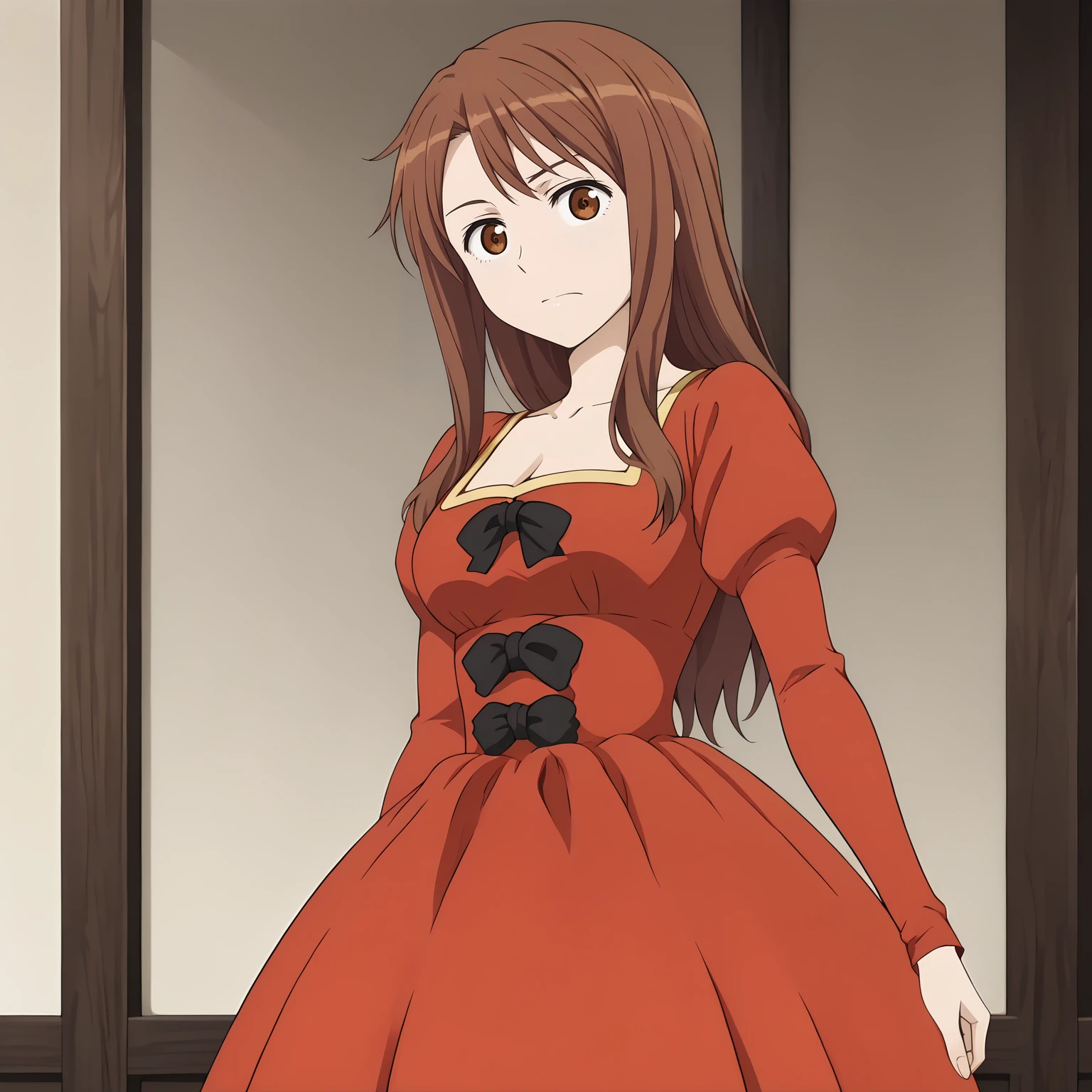 <lora:MaouXLpony002>,
solo,
Kurenainogakushi,1girl,brown hair,long hair,brown eyes,
red dress,