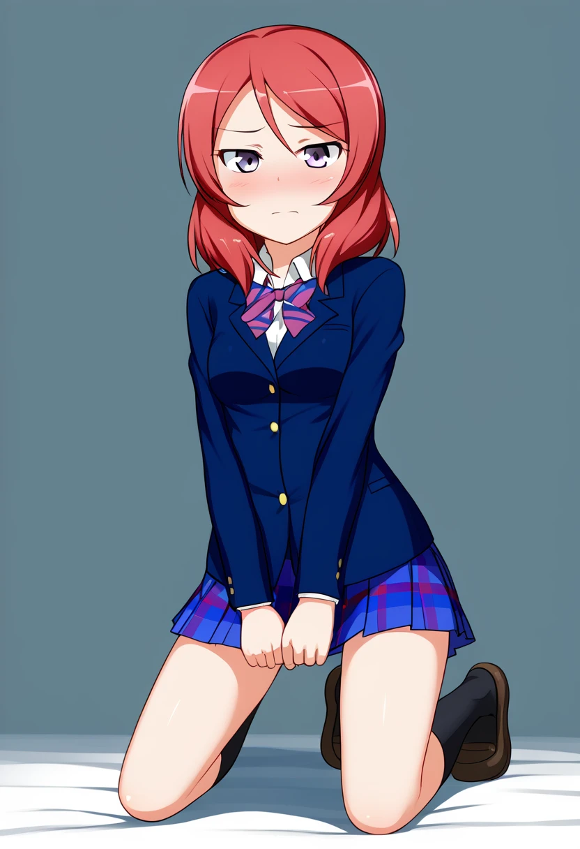 by abmayo, 1girl, solo, 1 nishikino maki, purple eyes, otonokizaka school uniform, blue school uniform, kneeling, v
