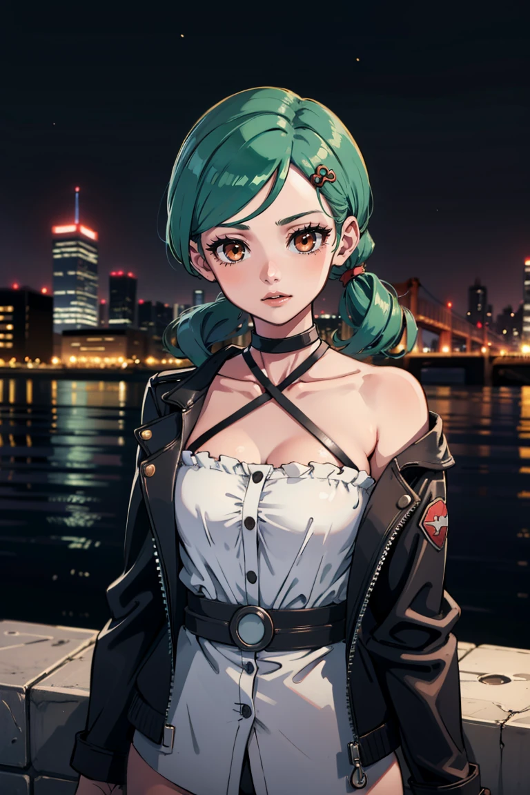 masterpiece, best quality, 1girl, solo, detailed background, absurdres, looking at viewer, <lora:EPpkJenny-06:0.8>, EPpkJenny, green hair, brown eyes, hair ornament, twintails, choker,leather jacket,white shirt, edgCCH, breasts,collarbone, halterneck ,criss-cross halter <lora:edgCrissCrossHalter:1>, city, night