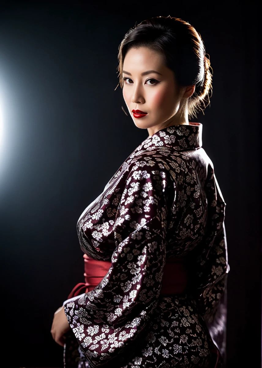 Film noir style, A captivating masterpiece of an woman, full body, dressed in Yukata, The use of high-shine gloss adds a touch of glamour while the deep red and black hues give it a dramatic vibe, studio lighting, look to the camera, background blurred, <lora:MS_Aika_Yumeno_V2_SDXL:0.8>, Monochrome, high contrast, dramatic shadows, 1940s style, mysterious, cinematic