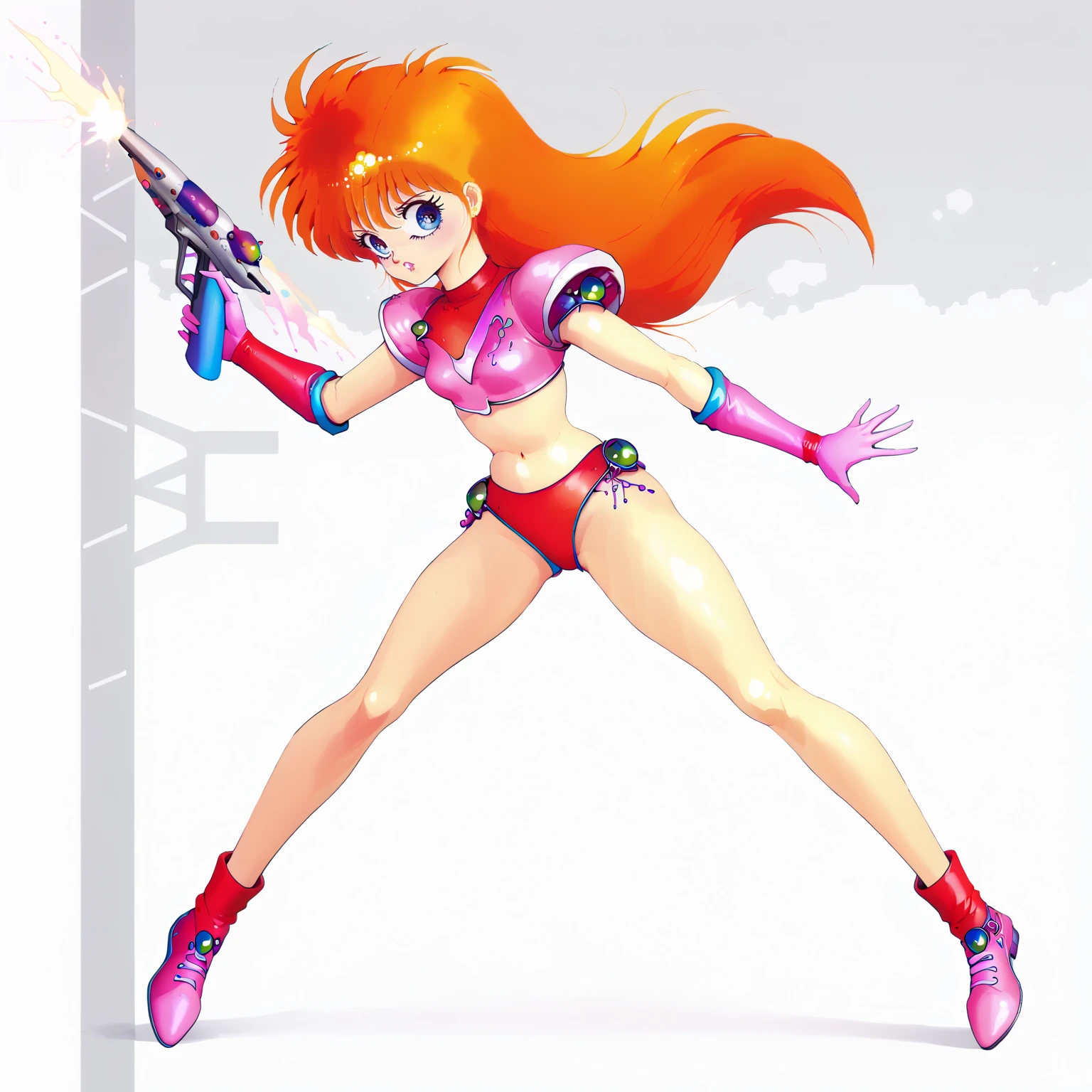 <lora:AlphaChrisXLpony001>,
solo,
AlphaChris,1girl,orange hair,long hair,blue eyes,retro artstyle,
bikini armor,crop top,
gloves,
shoes,
full body,energy gun,