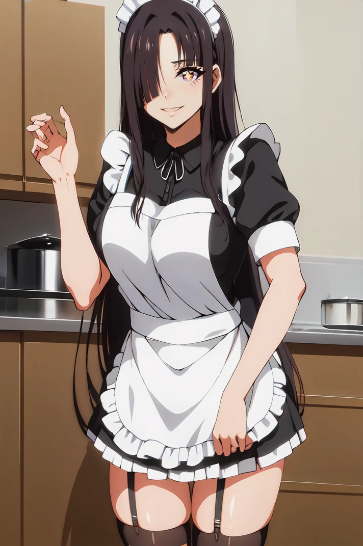 masterpiece, best quality, 1girl, solo, long hair, bangs, large breasts, red eyes, black hair, <lora:ouyang v2.9 (SD 1.5):1>, hair over one eye, symbol-shaped pupil, eye pupil, BREAK indoors, maid headdress, milf, mature female, star symbol-shaped pupils, smile, standing, thighs, maid apron, maid girl, garter straps, black thighhighs,