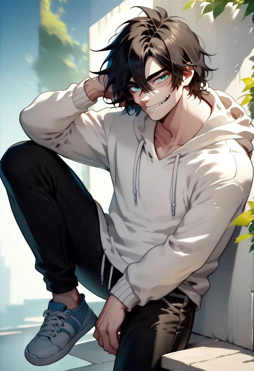 score_9, score_8_up, score_7_up, score_6_up, score_5_up, score_4_up,1boy, white hoodie, long black hair, slit smile, blue eyes, pale skin, black pants, sneakers, hyper detailed, beautiful anime painting, solo, male focus, half body