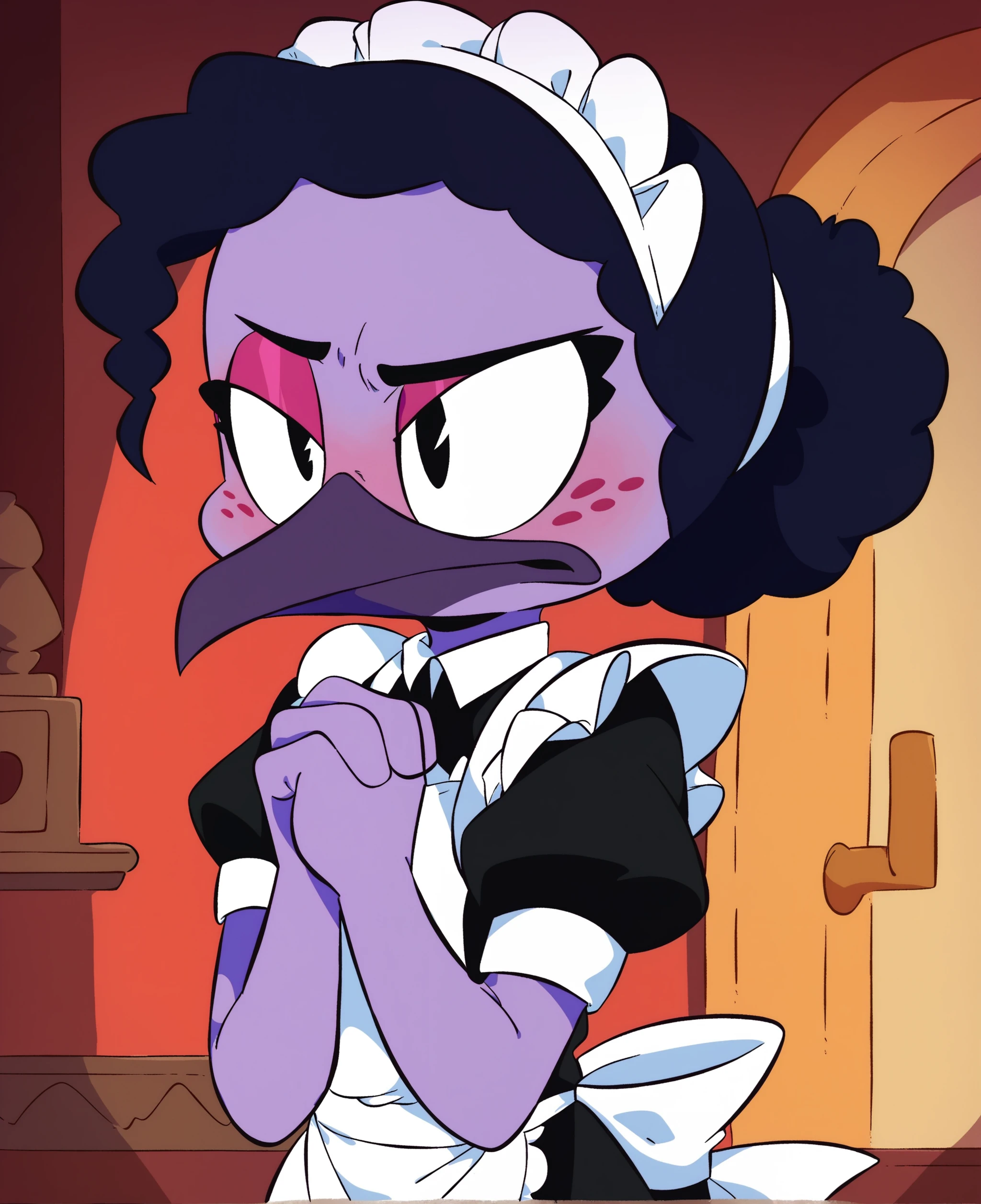 score_9, score_8_up, score_7_up, score_6_up, best quality, highres, source_furry, BREAK ppp BREAK
1girl, female, solo, furry, inside, mansion, female, avian, hummingbird, long beak, violet sabrewing, young, *****, purple skin, black hair, black eyes, curled hair, short hair, ponytail, annoyed, black eyes, knock-kneed, hands together, blush, freckles, pink eyeshadow, maid uniform, maid headdress, maid apron, frilly <lora:Violet_Sabrewing:0.8>