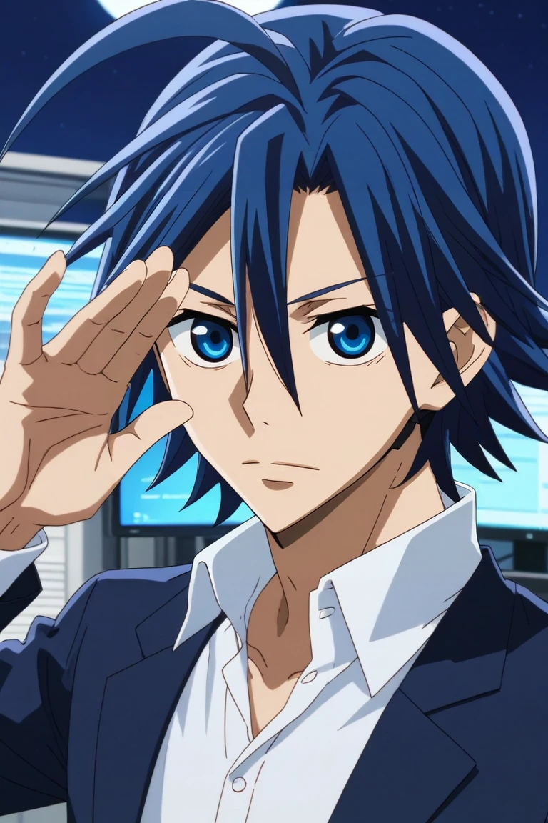 score_9, score_8_up, score_7_up, source_anime, rating_safe, intricate details, anime screencap, , , looking at viewer, , 1boy, solo, male focus, <lora:sangaku_manami_pony:0.92>, sangaku_manami, blue hair, blue eyes, hair between eyes, ahoge, straight-on, full body, office, computers, night, crescent moon, waving, expressionless, , <lora:sdxl_lightning_8step_lora:1>