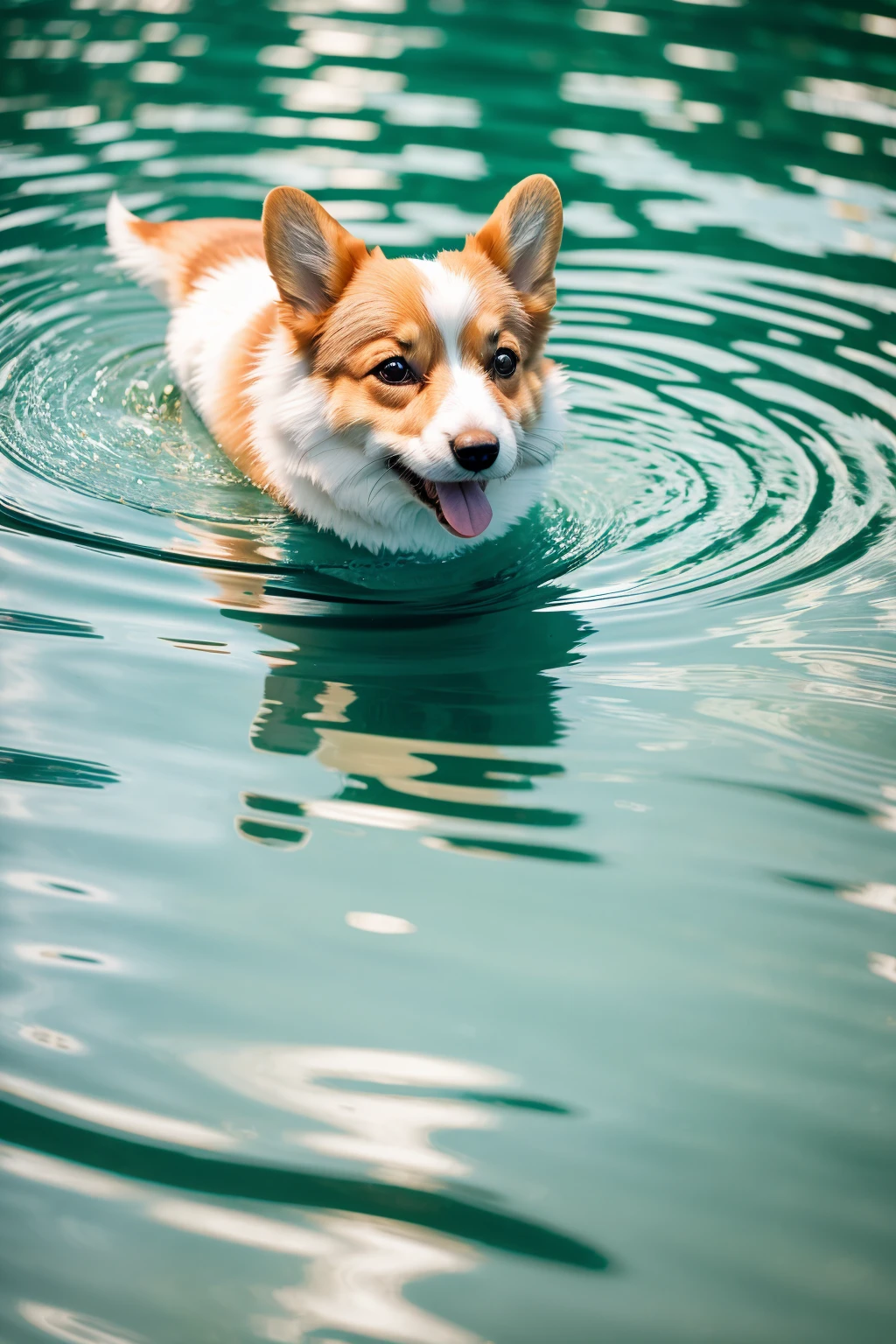 vintage style photo of Medium format film photography, (Serene small corgi swimming:1.2), Subtle water ripples, Clear refractions, (Light blue waters:1.2), Peaceful lake scene, Detailed texture, (Bright colors:1.3), Crisp HD details, Phone wallpaper resolution, Vivid clarity. Retro, nostalgic, old-fashioned, timeless