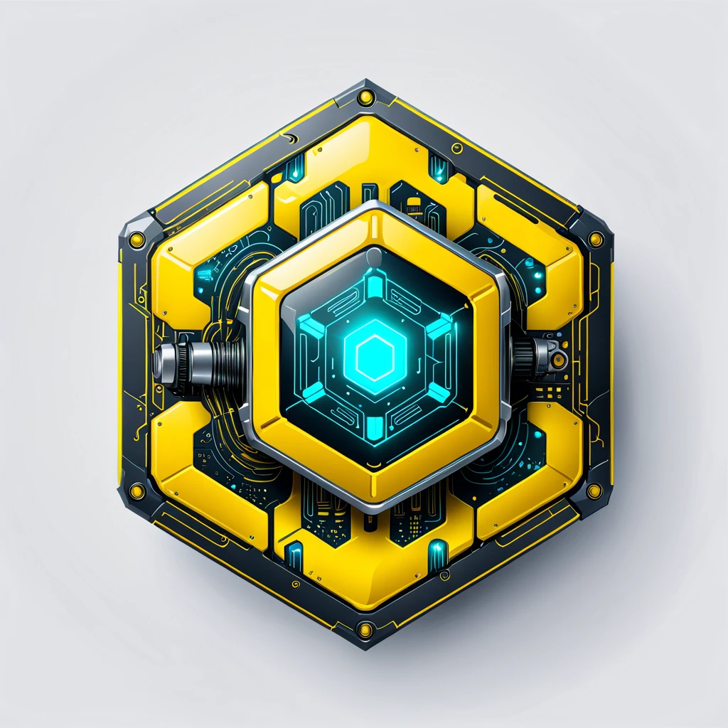 a hexagon with a cyberpunk , vector,  <lora:badgemkrsdxl:0.9>, best quality, white background, yellow