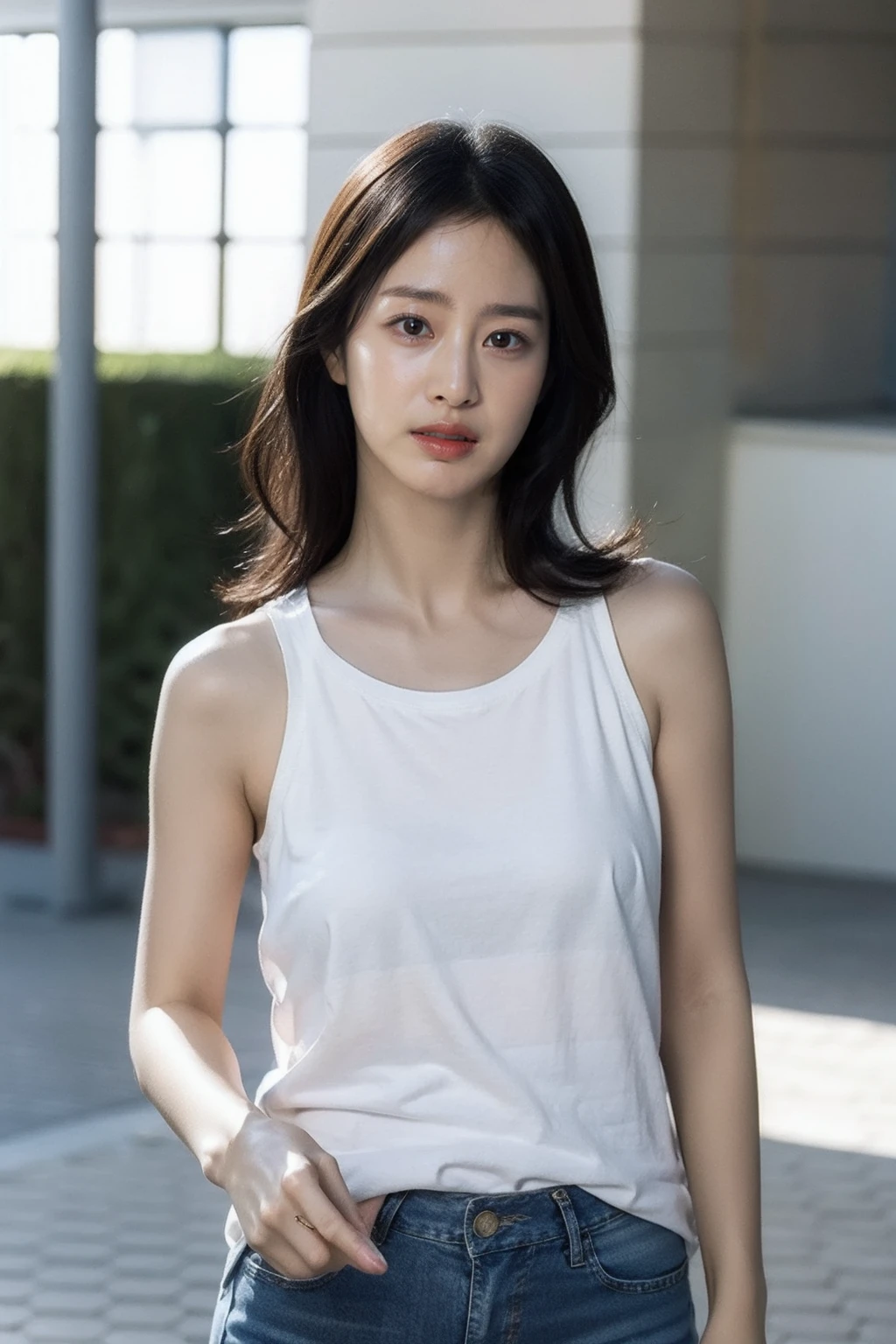 (realistic), (hyperrealism),best quality, masterpiece,ultra high res, (photorealistic:1.4),1girl,(looking at viewer:1.2),1girl, solo, realistic, looking at viewer, parted lips, short jeans, tanktop,
, <lora:makina69_kimtaehee_v1.0:1>