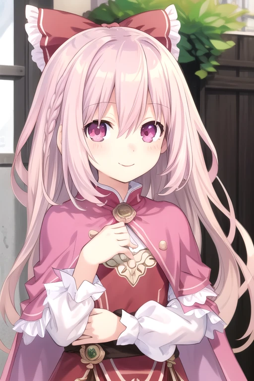 ((masterpiece)),(best quality),official art,extremely delicate and beautiful,extremely detailed CG,unity 8k wallpaper,ultra detailed,beautiful detailed eyes,extremely detailed face,outdoors,1girl,solo,upper body,(portrait:1.5),looking at viewer,facing viewer,smile,(petite:1.2),Rio Sonogami,very long hair,pink hair,single braid,hair bow,red bow,hair ribbon,sidelocks,long hair between eyes,bangs,pink eyes,pink capelet,red dress,jewelry,long sleeves,flat chest,frills,black pantyhose,pink footwear,<lora:Rio Sonogami(dal):0.6>,<lora:TSNeptunia-000045:0.5>,